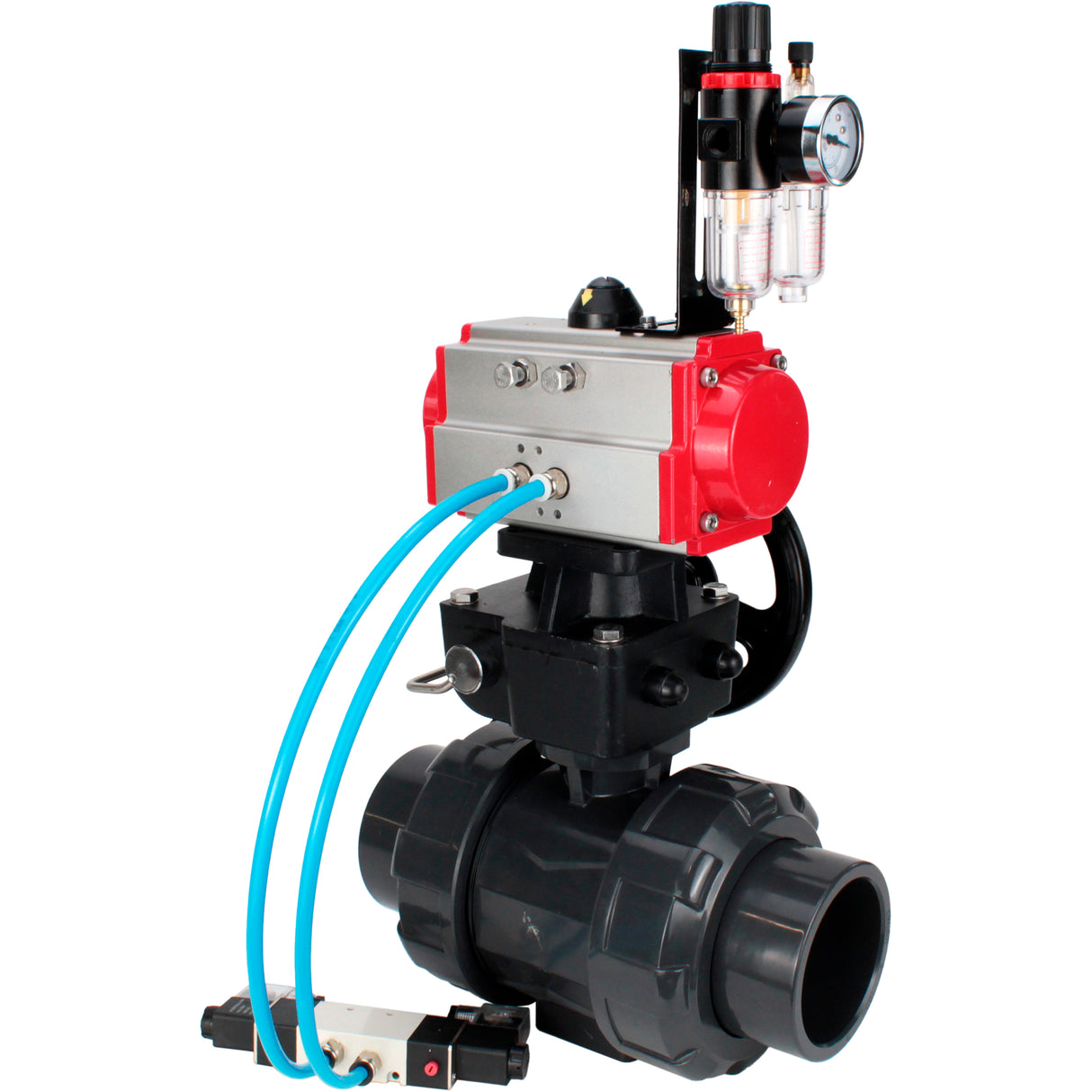 Ball valves Elephant BV4242E-FP-GRM-ISO, body material - UPVC, ball material - UPVC, seal - EPDM, with pneumatic actuator double action PA-DA, pneumatic distributor 4V320-10 220V, ATU AFC2000 and handwheel MON