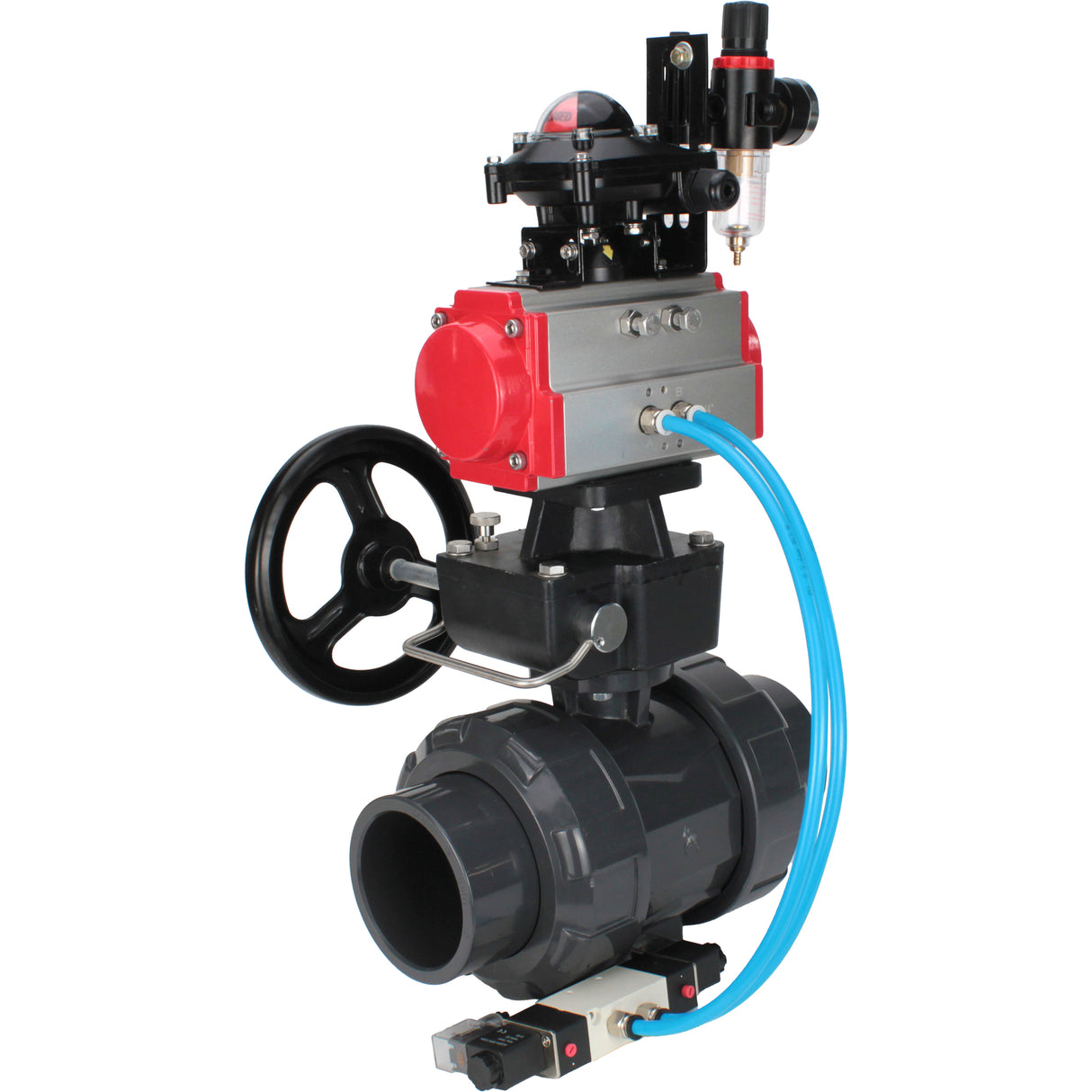 Ball valves Elephant BV4242E-FP-GRM-ISO, body material - UPVC, ball material - UPVC, seal - EPDM, with pneumatic actuator double action PA-DA, pneumatic distributor 4V320-10 220V, LSU APL-210N, ATU AFC2000 and handwheel MON