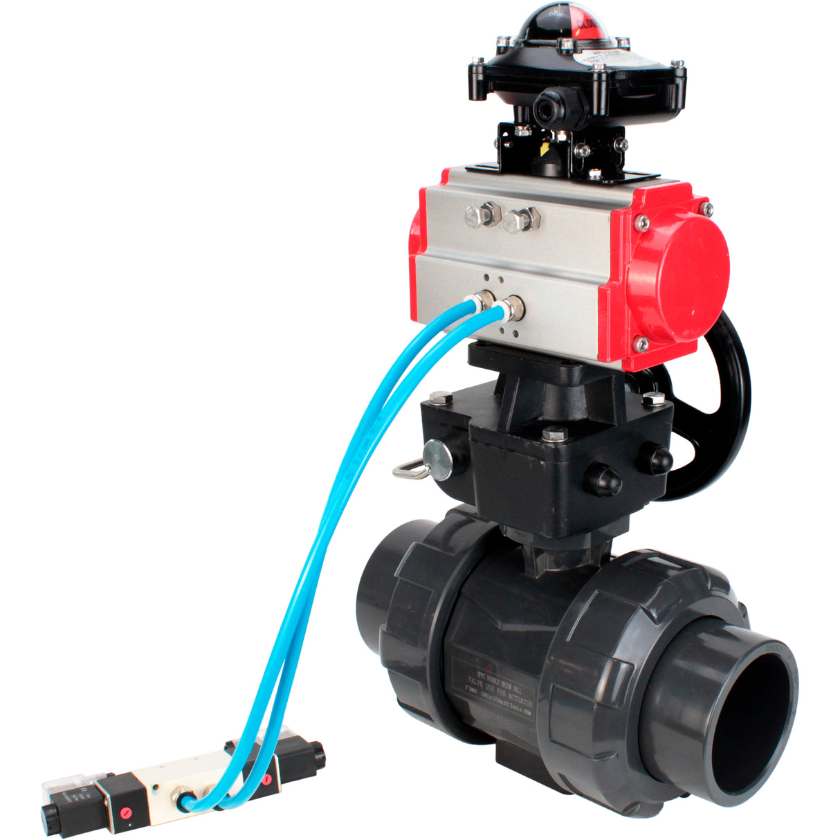 Ball valves Elephant BV4242E-FP-GRM-ISO, body material - UPVC, ball material - UPVC, seal - EPDM, with pneumatic actuator double action PA-DA, pneumatic distributor 4V320-10 220V, LSU APL-210N and handwheel MON