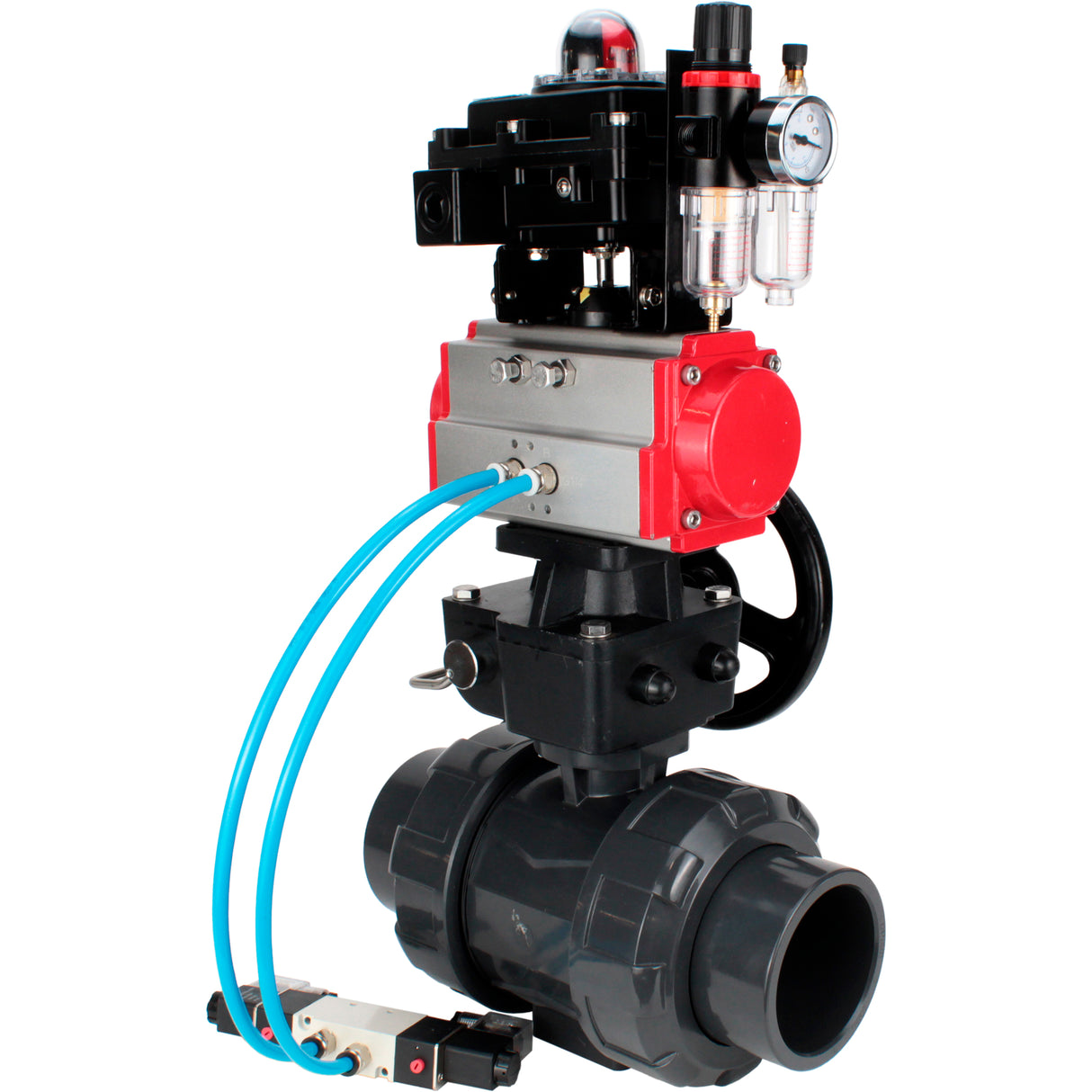Ball valves Elephant BV4242E-FP-GRM-ISO, body material - UPVC, ball material - UPVC, seal - EPDM, with pneumatic actuator double action PA-DA, pneumatic distributor 4V320-08 220V, LSU APL-410N EX, ATU AFC2000 and handwheel MON