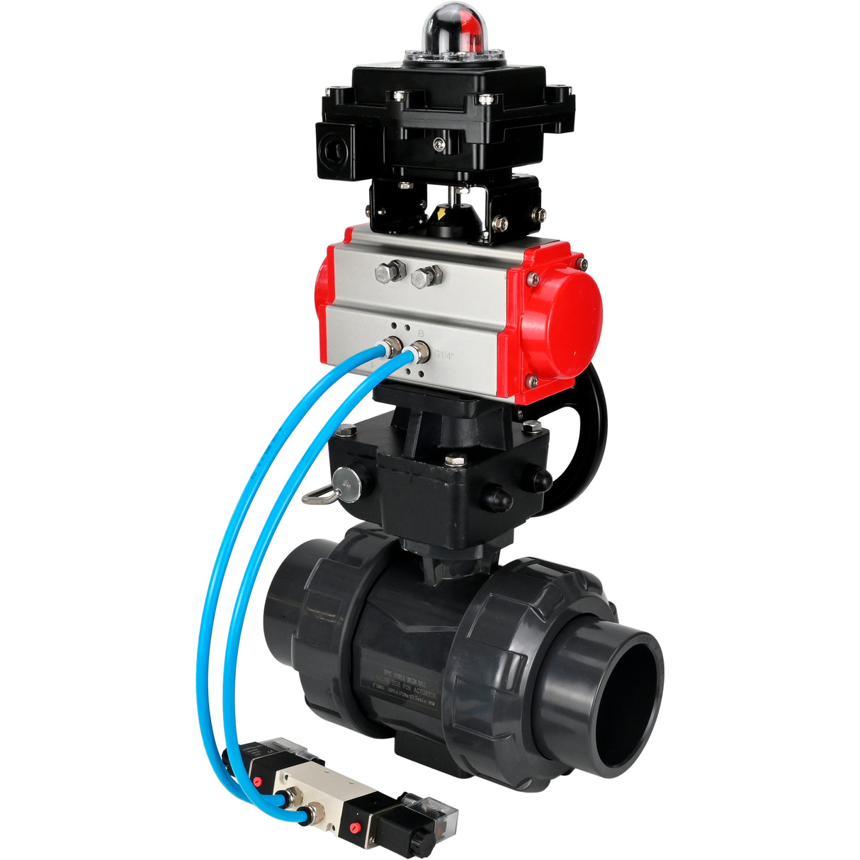 Ball valves Elephant BV4242E-FP-GRM-ISO, body material - UPVC, ball material - UPVC, seal - EPDM, with pneumatic actuator double action PA-DA, pneumatic distributor 4V320-08 220V, LSU APL-410N EX and handwheel MON