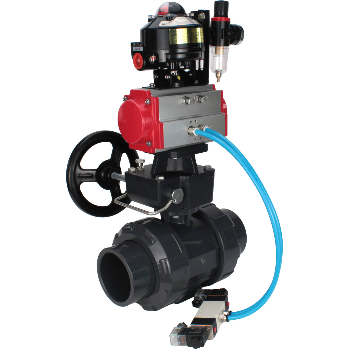 Ball valves Elephant BV4242E-FP-GRM-ISO, body material - UPVC, ball material - UPVC, seal - EPDM, with pneumatic actuator double action PA-DA, pneumatic distributor 4V320-10 220V, LSU APL-510N EX, ATU AFC2000 and handwheel MON