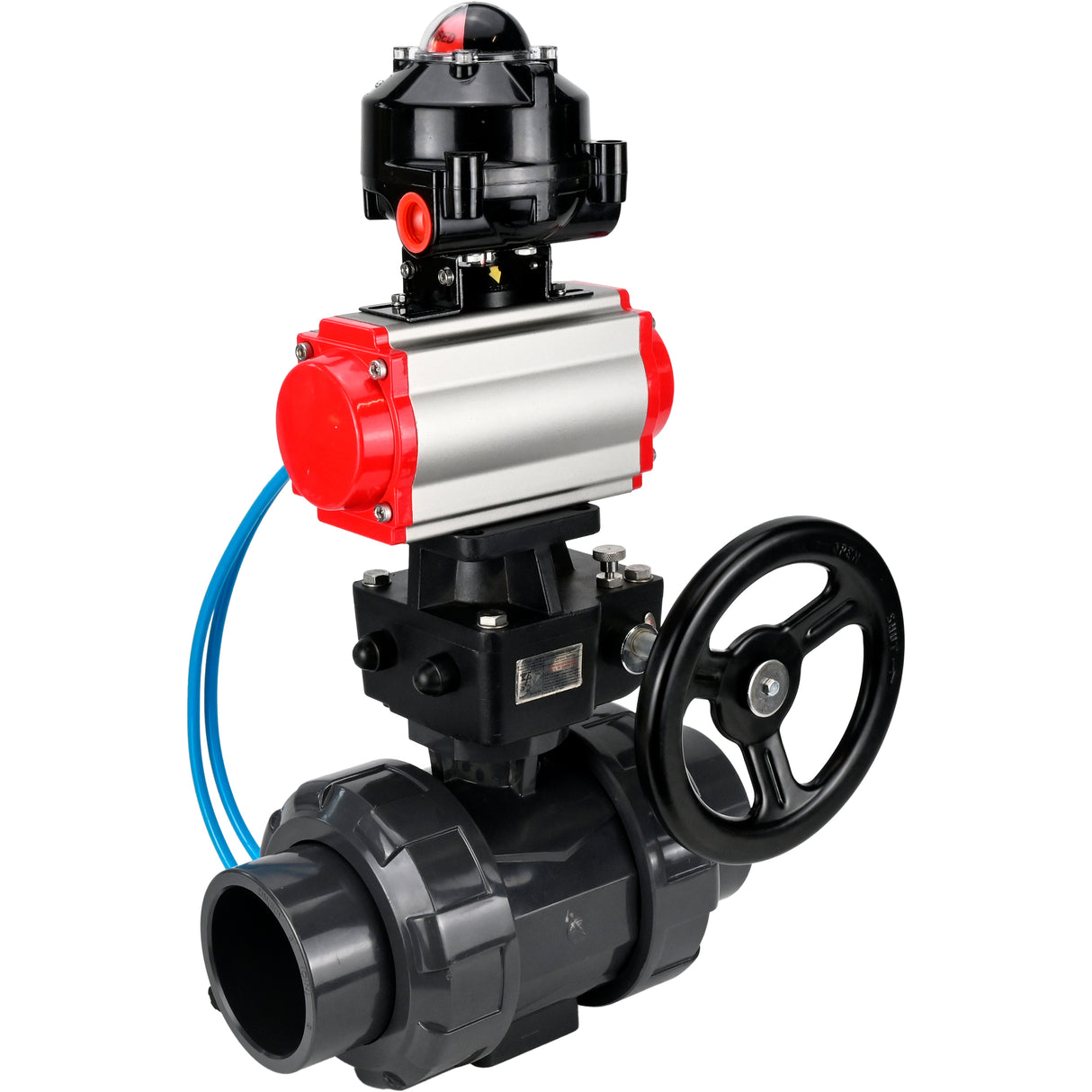 Ball valves Elephant BV4242E-FP-GRM-ISO, body material - UPVC, ball material - UPVC, seal - EPDM, with pneumatic actuator double action PA-DA, pneumatic distributor 4V320-10 220V, LSU APL-510N EX and handwheel MON