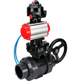 Ball valves Elephant BV4242E-FP-GRM-ISO, body material - UPVC, ball material - UPVC, seal - EPDM, with pneumatic actuator double action PA-DA, pneumatic distributor 4V320-10 220V, LSU APL-510N EX and handwheel MON