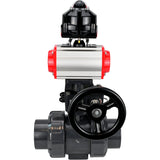 Ball valves Elephant BV4242E-FP-GRM-ISO, body material - UPVC, ball material - UPVC, seal - EPDM, with pneumatic actuator double action PA-DA, pneumatic distributor 4V320-10 220V, LSU APL-510N EX and handwheel MON