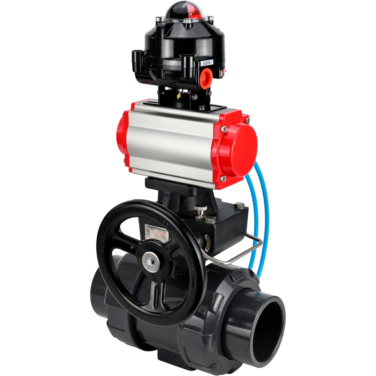 Ball valves Elephant BV4242E-FP-GRM-ISO, body material - UPVC, ball material - UPVC, seal - EPDM, with pneumatic actuator double action PA-DA, pneumatic distributor 4V320-10 220V, LSU APL-510N EX and handwheel MON