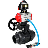 Ball valves Elephant BV4242E-FP-GRM-ISO, body material - UPVC, ball material - UPVC, seal - EPDM, with pneumatic actuator double action PA-DA, pneumatic distributor 4V320-10 220V, LSU APL-510N EX and handwheel MON