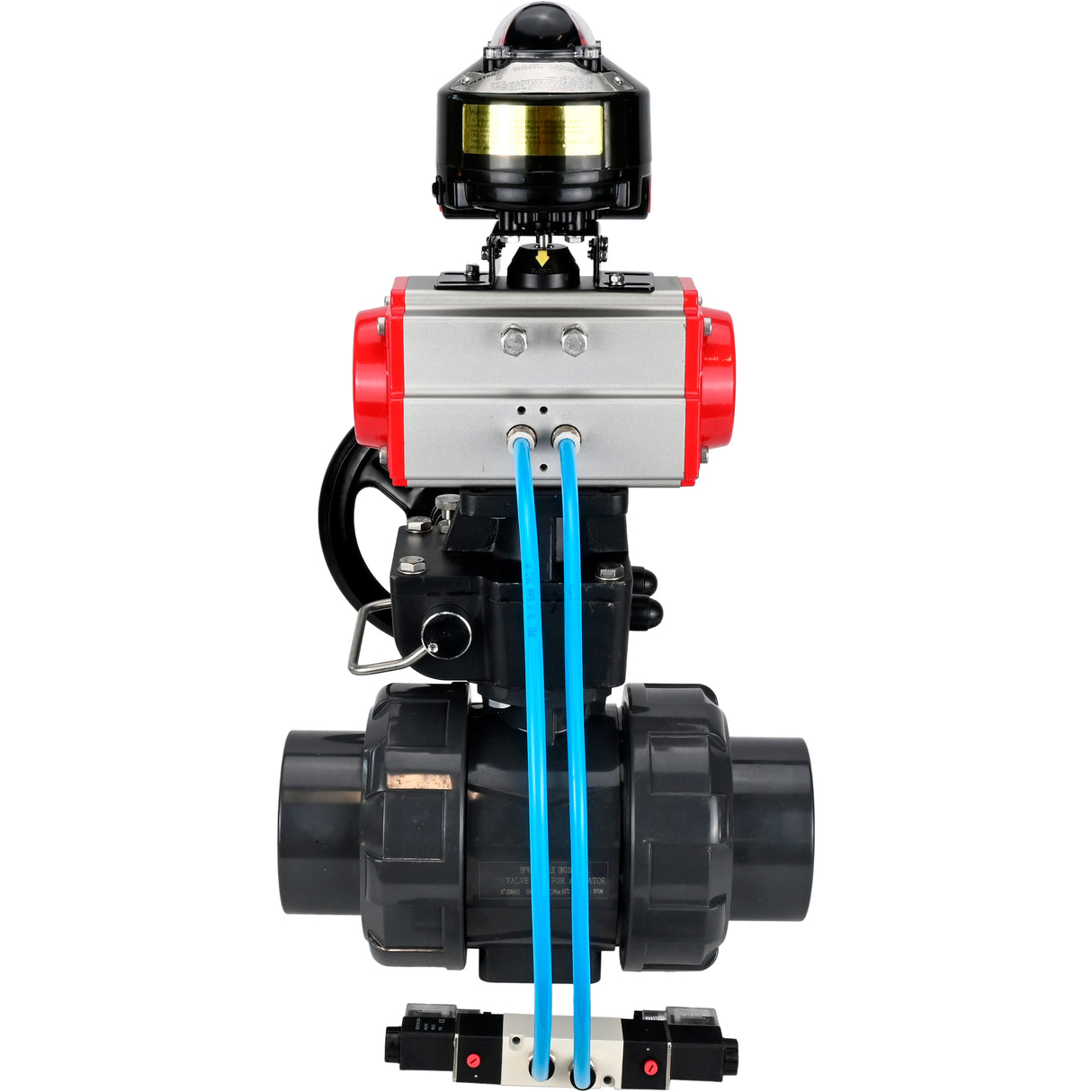 Ball valves Elephant BV4242E-FP-GRM-ISO, body material - UPVC, ball material - UPVC, seal - EPDM, with pneumatic actuator double action PA-DA, pneumatic distributor 4V320-10 220V, LSU APL-510N EX and handwheel MON
