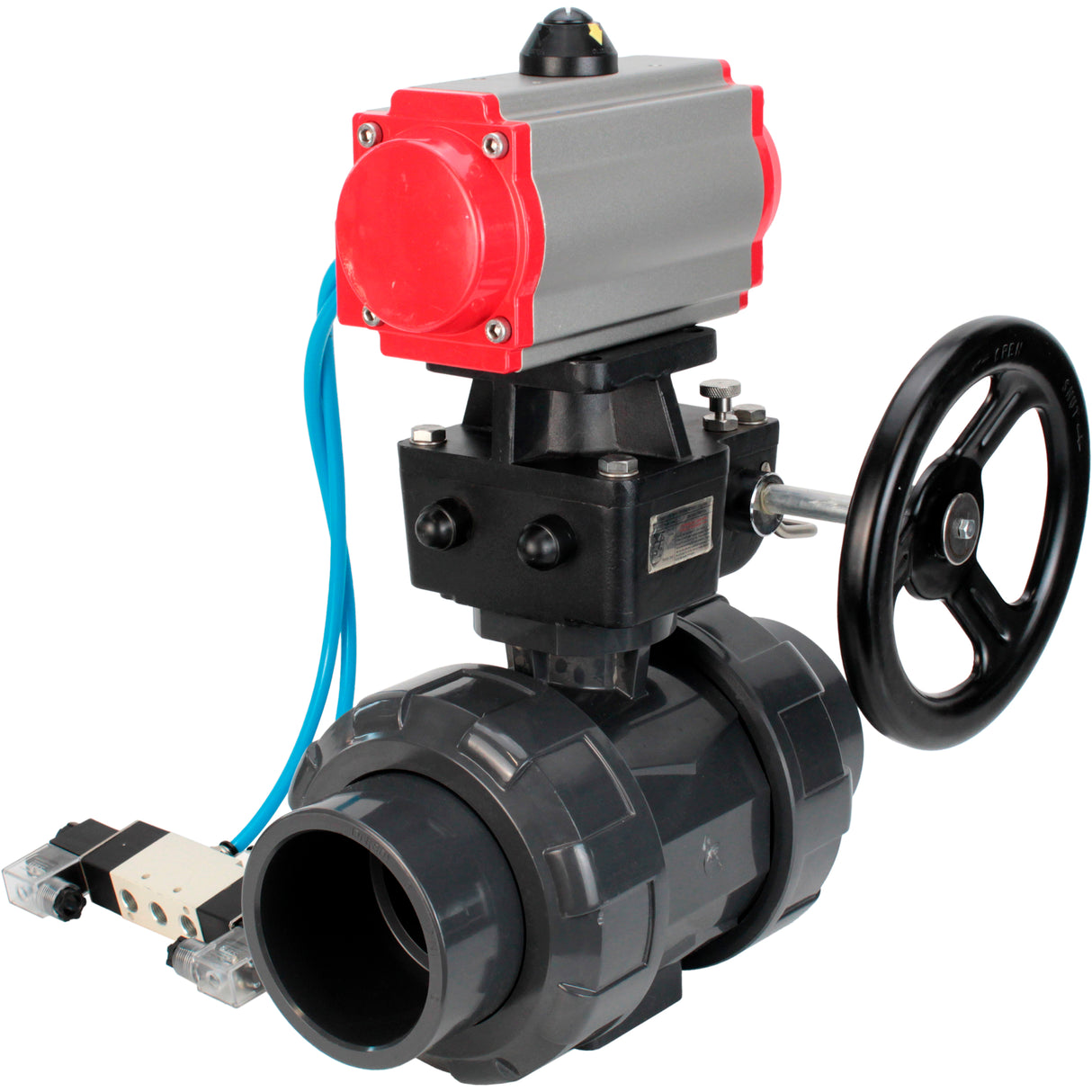 Ball valves Elephant BV4242E-FP-GRM-ISO, body material - UPVC, ball material - UPVC, seal - EPDM, with pneumatic actuator double action PA-DA, pneumatic distributor 4V320-08 220V and handwheel MON