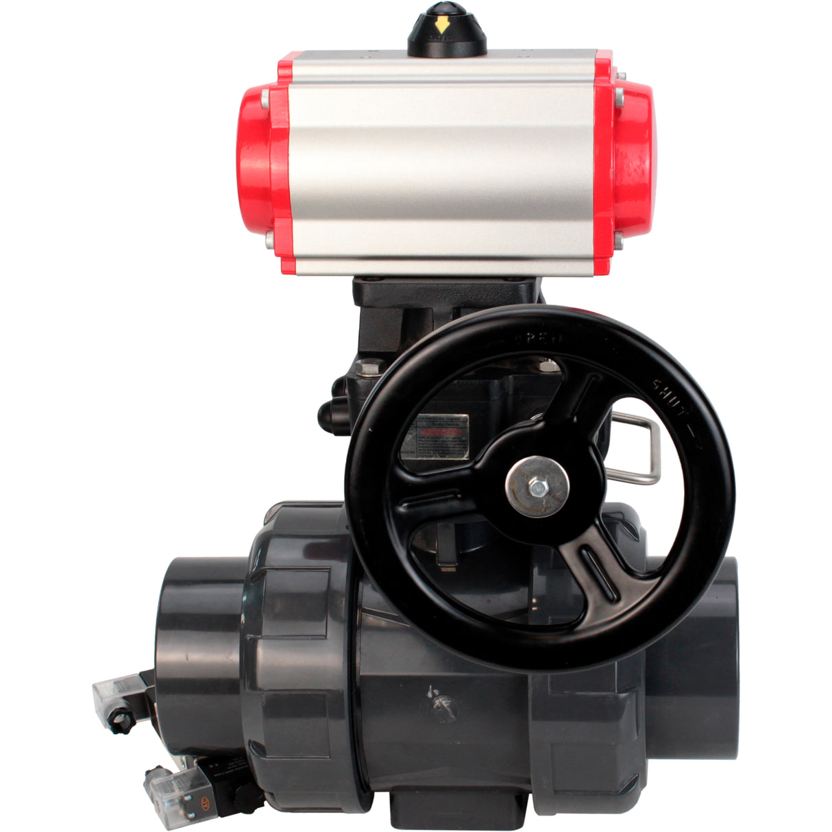 Ball valves Elephant BV4242E-FP-GRM-ISO, body material - UPVC, ball material - UPVC, seal - EPDM, with pneumatic actuator double action PA-DA, pneumatic distributor 4V320-08 220V and handwheel MON