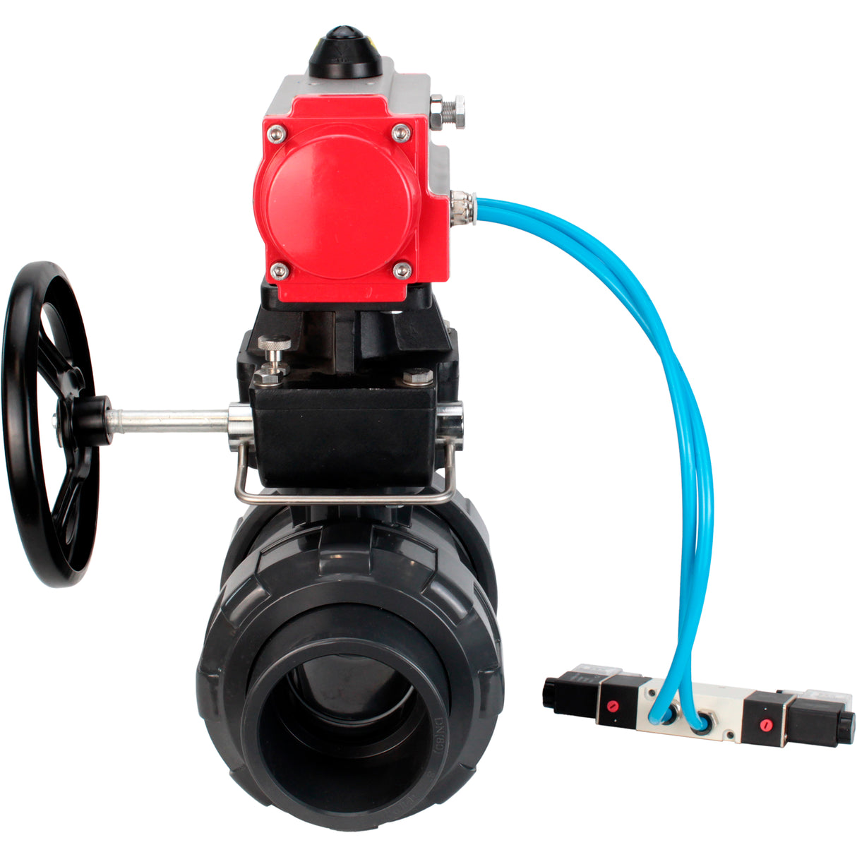 Ball valves Elephant BV4242E-FP-GRM-ISO, body material - UPVC, ball material - UPVC, seal - EPDM, with pneumatic actuator double action PA-DA, pneumatic distributor 4V320-08 220V and handwheel MON
