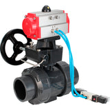 Ball valves Elephant BV4242E-FP-GRM-ISO, body material - UPVC, ball material - UPVC, seal - EPDM, with pneumatic actuator double action PA-DA, pneumatic distributor 4V320-08 220V and handwheel MON