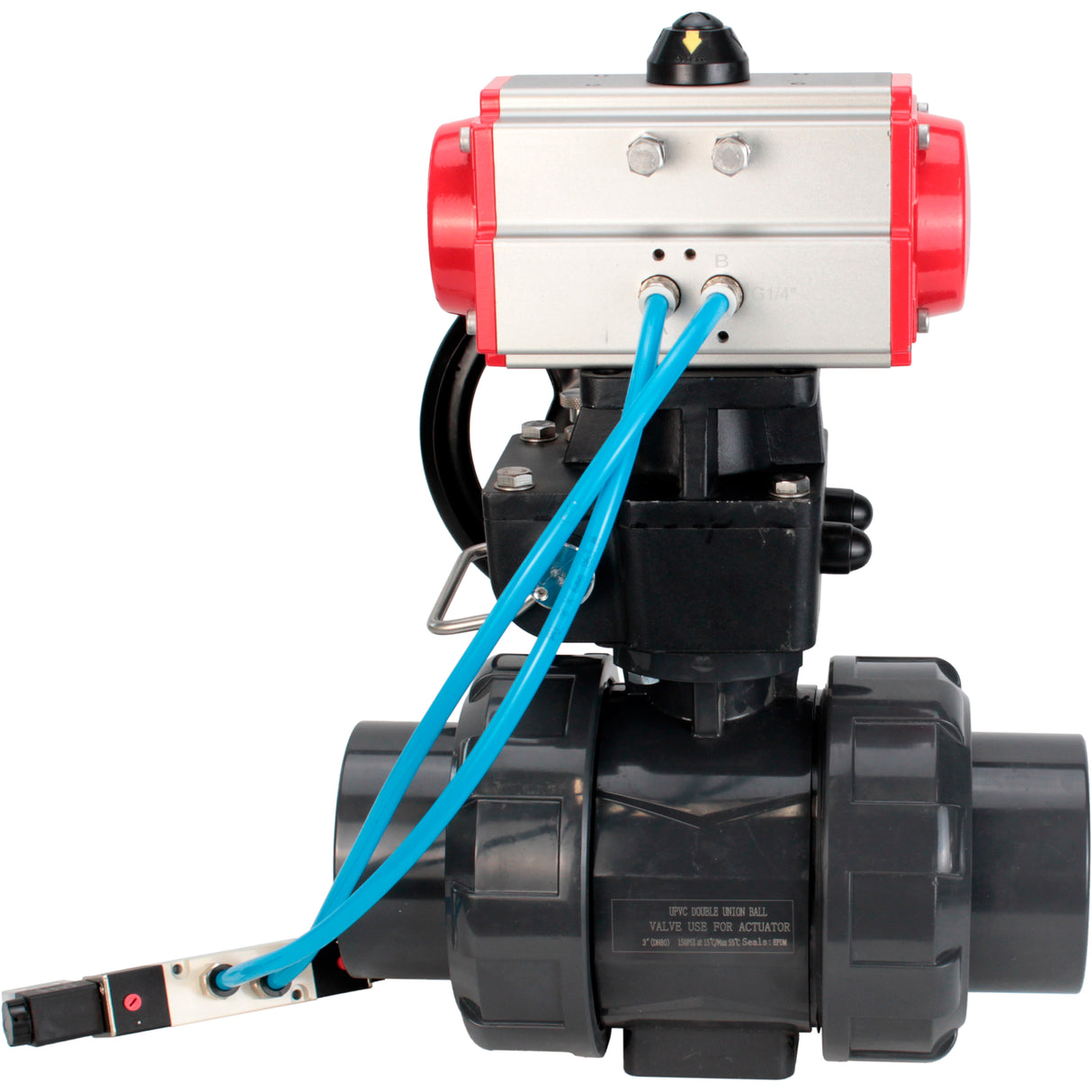 Ball valves Elephant BV4242E-FP-GRM-ISO, body material - UPVC, ball material - UPVC, seal - EPDM, with pneumatic actuator double action PA-DA, pneumatic distributor 4V320-08 220V and handwheel MON