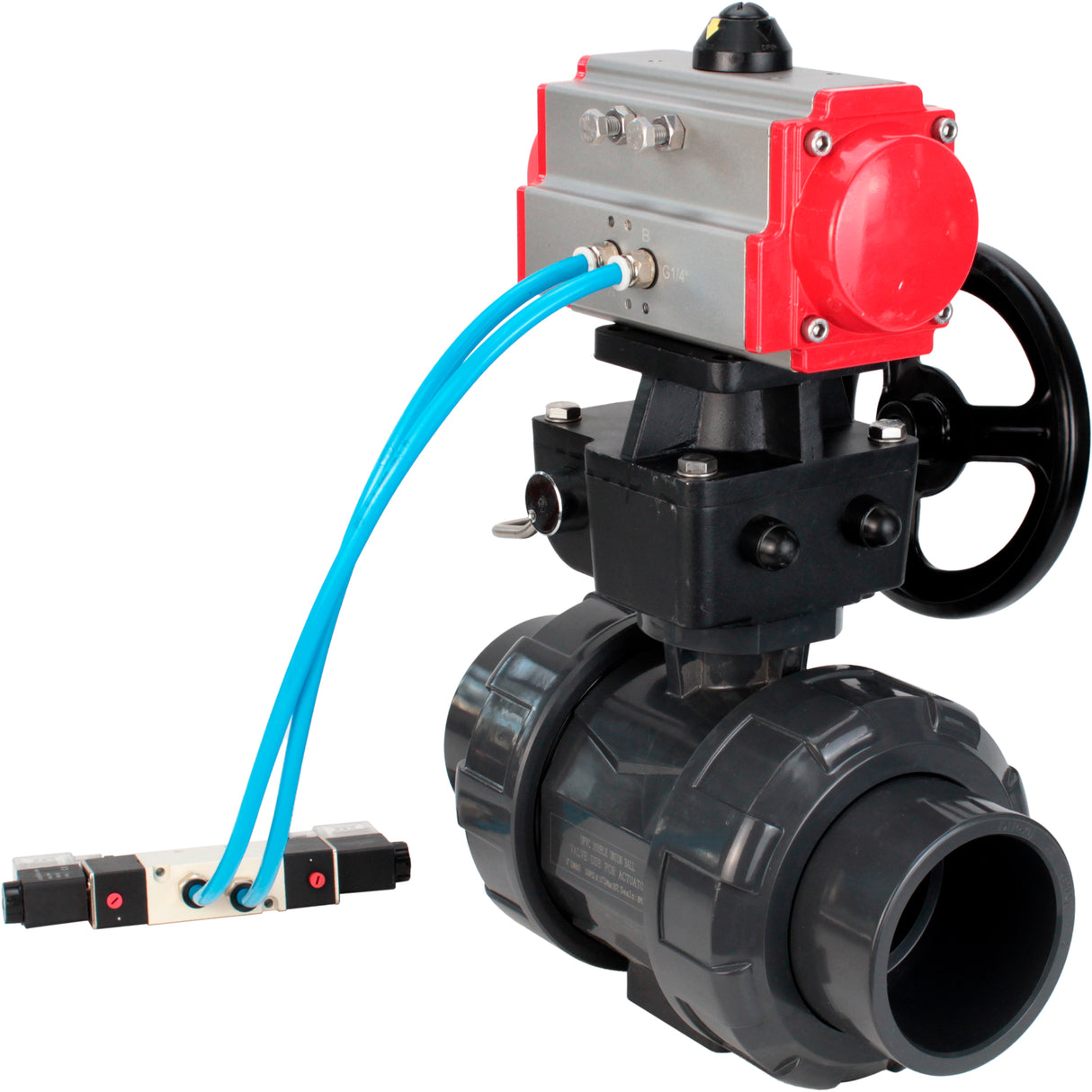 Ball valves Elephant BV4242E-FP-GRM-ISO, body material - UPVC, ball material - UPVC, seal - EPDM, with pneumatic actuator double action PA-DA, pneumatic distributor 4V320-10 220V and handwheel MON