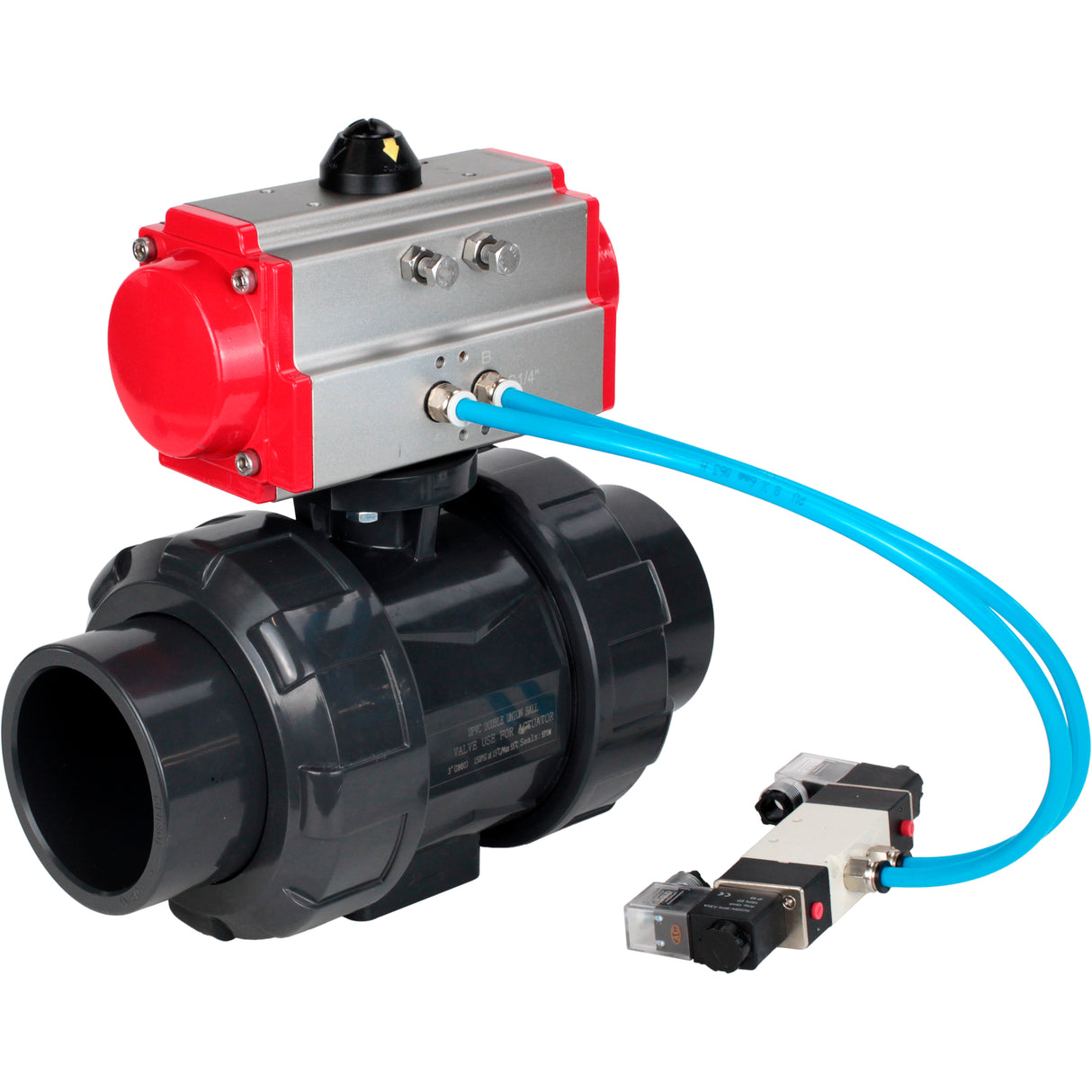 Ball valves Elephant BV4242E-FP-GRM-ISO, body material - UPVC, ball material - UPVC, seal - EPDM, with pneumatic actuator double action PA-DA and pneumatic distributor 4V320-10 220V