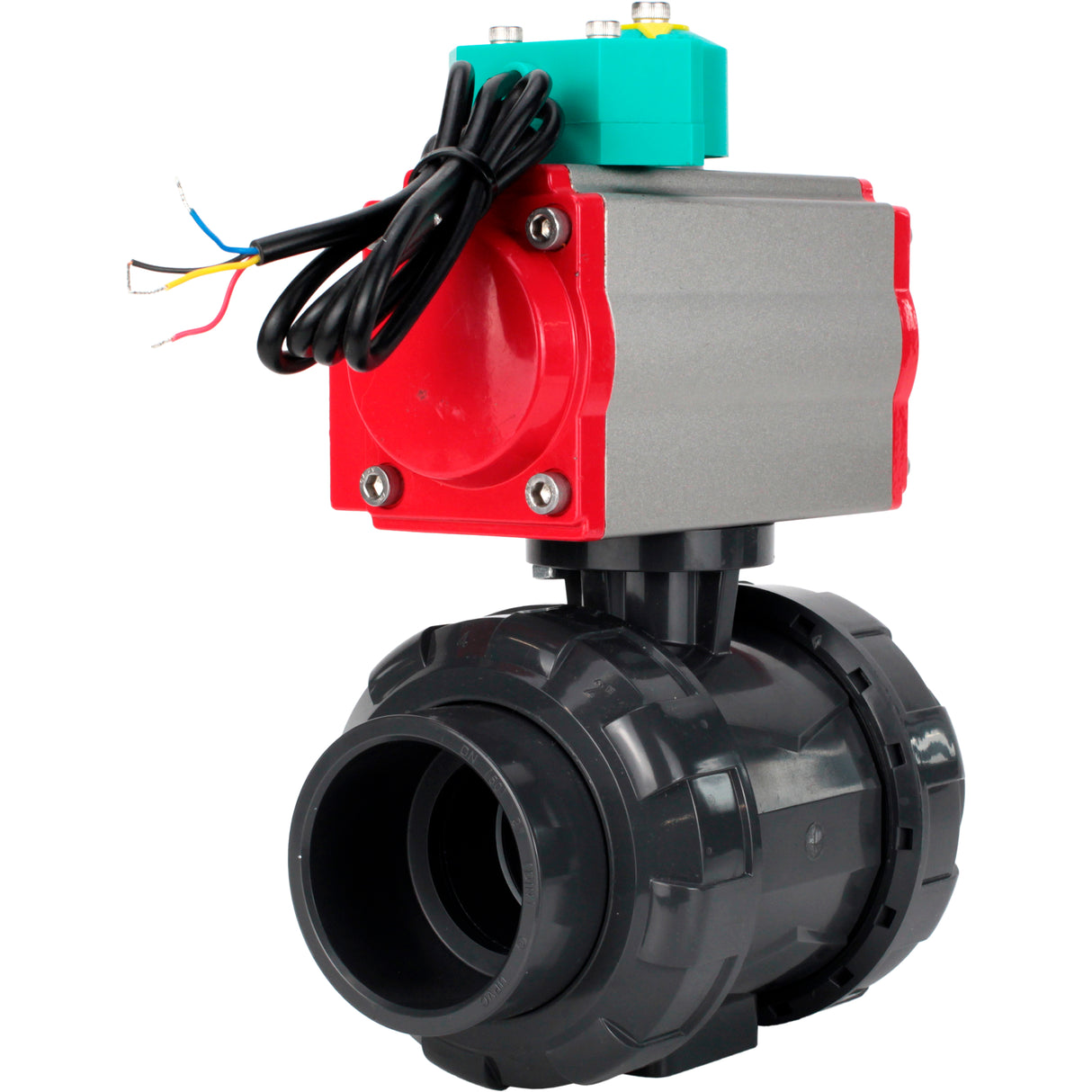 Ball valves Elephant BV4242E-FP-GRM-ISO, body material - UPVC, ball material - UPVC, seal - EPDM, with pneumatic actuator double action PA-DA and magnetic switch ALS200D