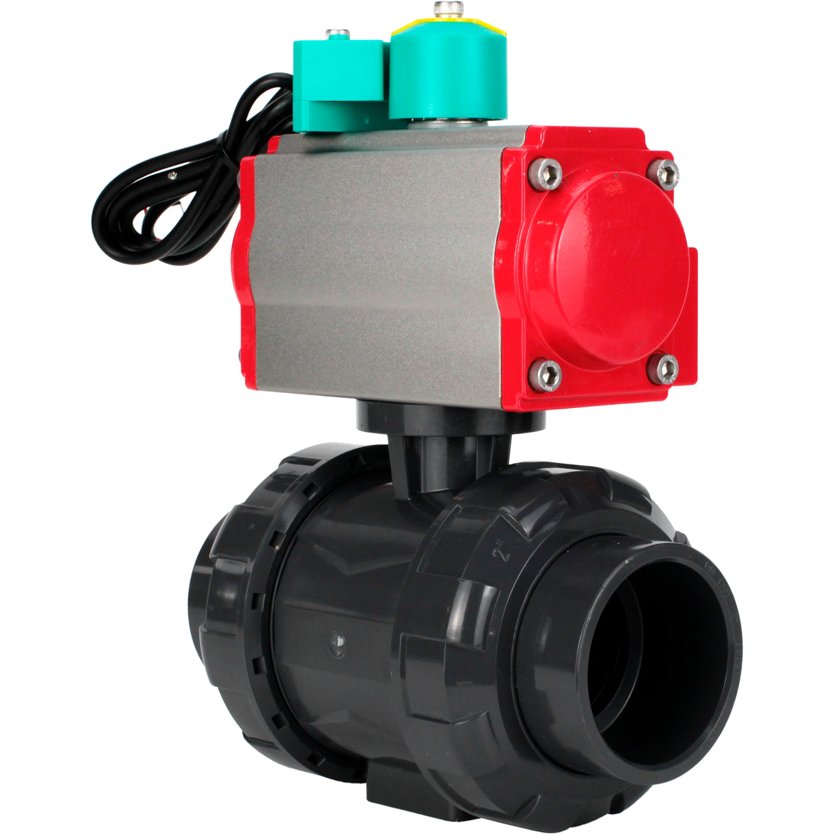Ball valves Elephant BV4242E-FP-GRM-ISO, body material - UPVC, ball material - UPVC, seal - EPDM, with pneumatic actuator double action PA-DA and magnetic switch ALS200D