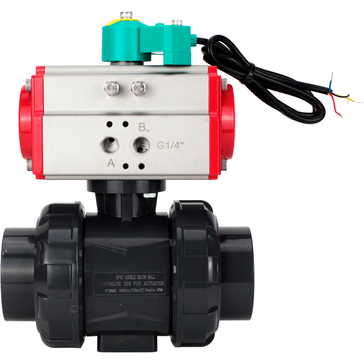 Ball valves Elephant BV4242E-FP-GRM-ISO, body material - UPVC, ball material - UPVC, seal - EPDM, with pneumatic actuator double action PA-DA and magnetic switch ALS200D