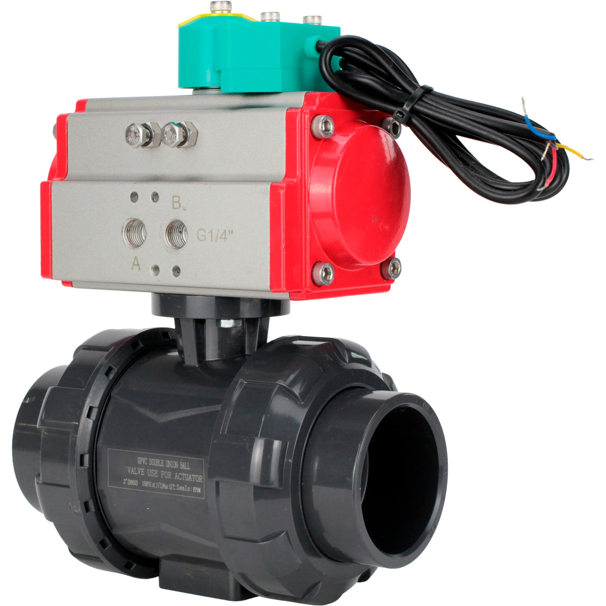 Ball valves Elephant BV4242E-FP-GRM-ISO, body material - UPVC, ball material - UPVC, seal - EPDM, with pneumatic actuator double action PA-DA and magnetic switch ALS200D