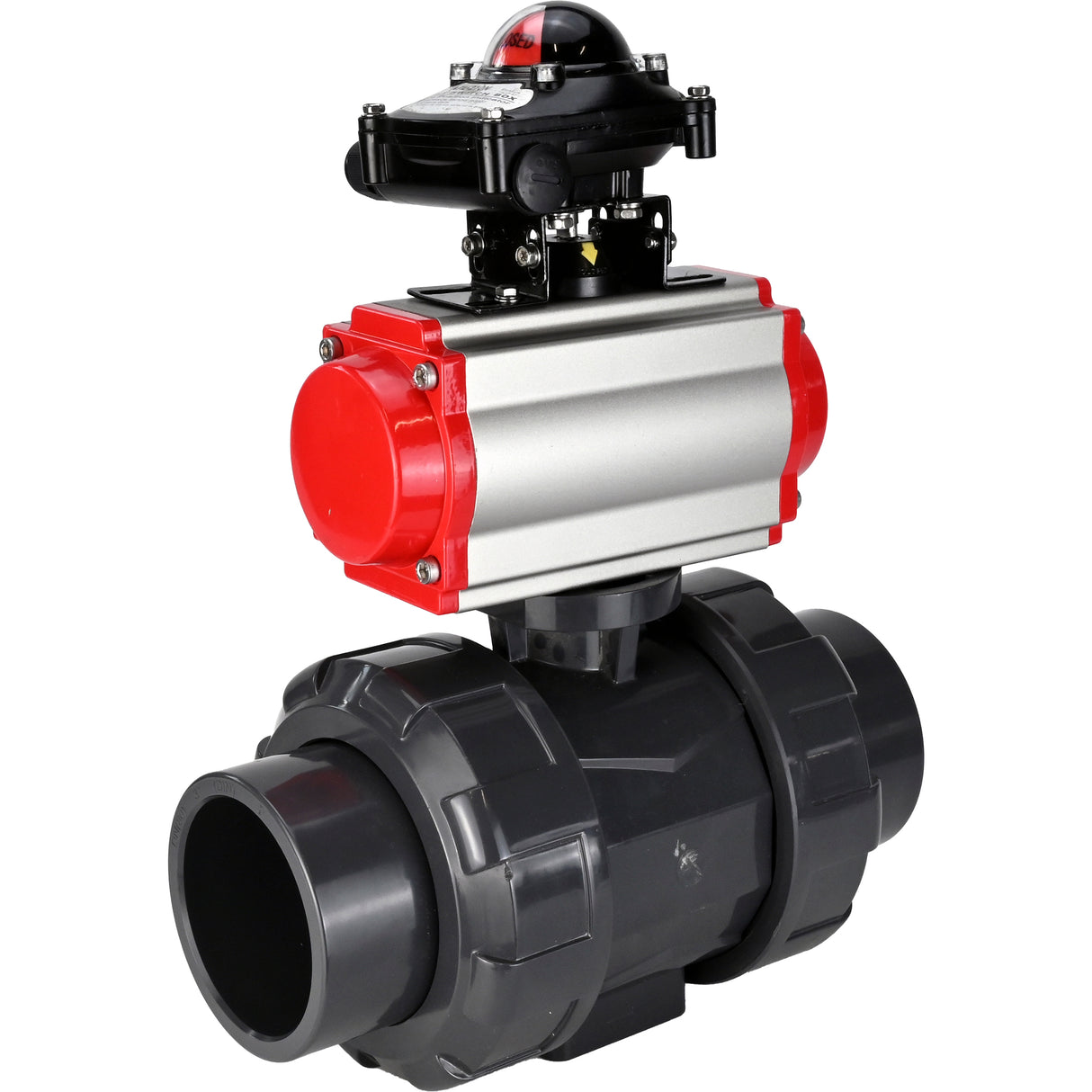 Ball valves Elephant BV4242E-FP-GRM-ISO, body material - UPVC, ball material - UPVC, seal - EPDM, with pneumatic actuator double action PA-DA and LSU APL-210N