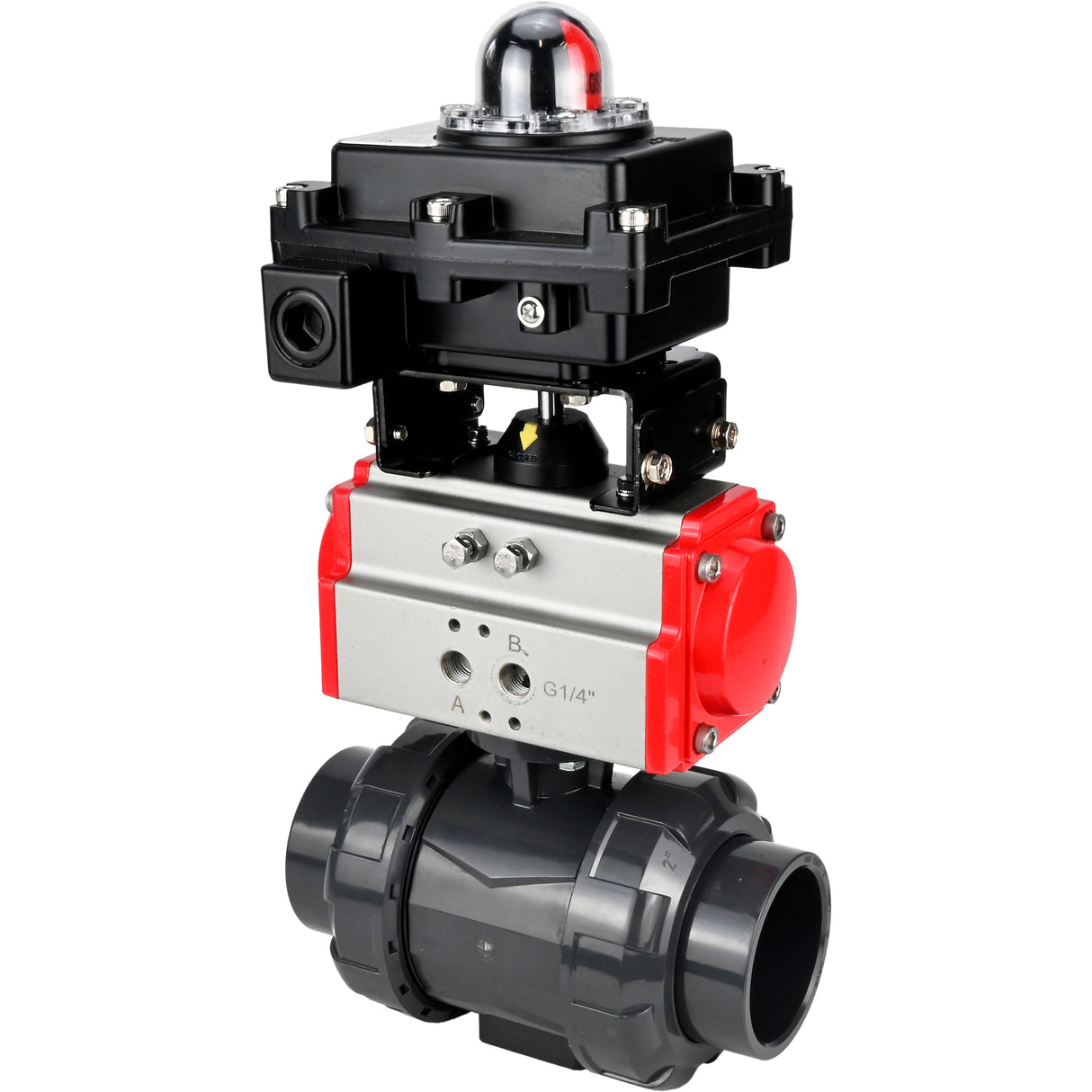 Ball valves Elephant BV4242E-FP-GRM-ISO, body material - UPVC, ball material - UPVC, seal - EPDM, with pneumatic actuator double action PA-DA and LSU APL-410N EX
