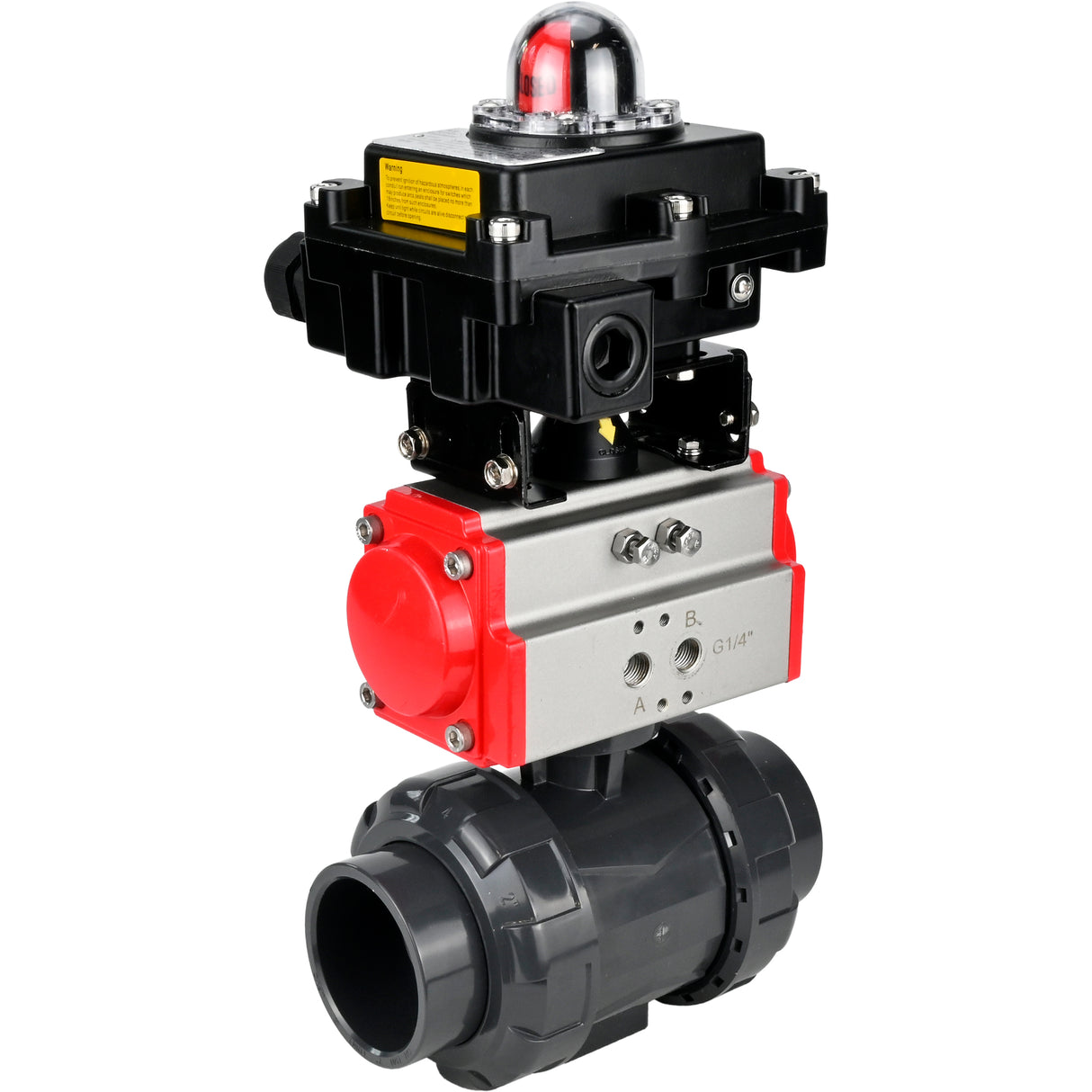 Ball valves Elephant BV4242E-FP-GRM-ISO, body material - UPVC, ball material - UPVC, seal - EPDM, with pneumatic actuator double action PA-DA and LSU APL-410N EX