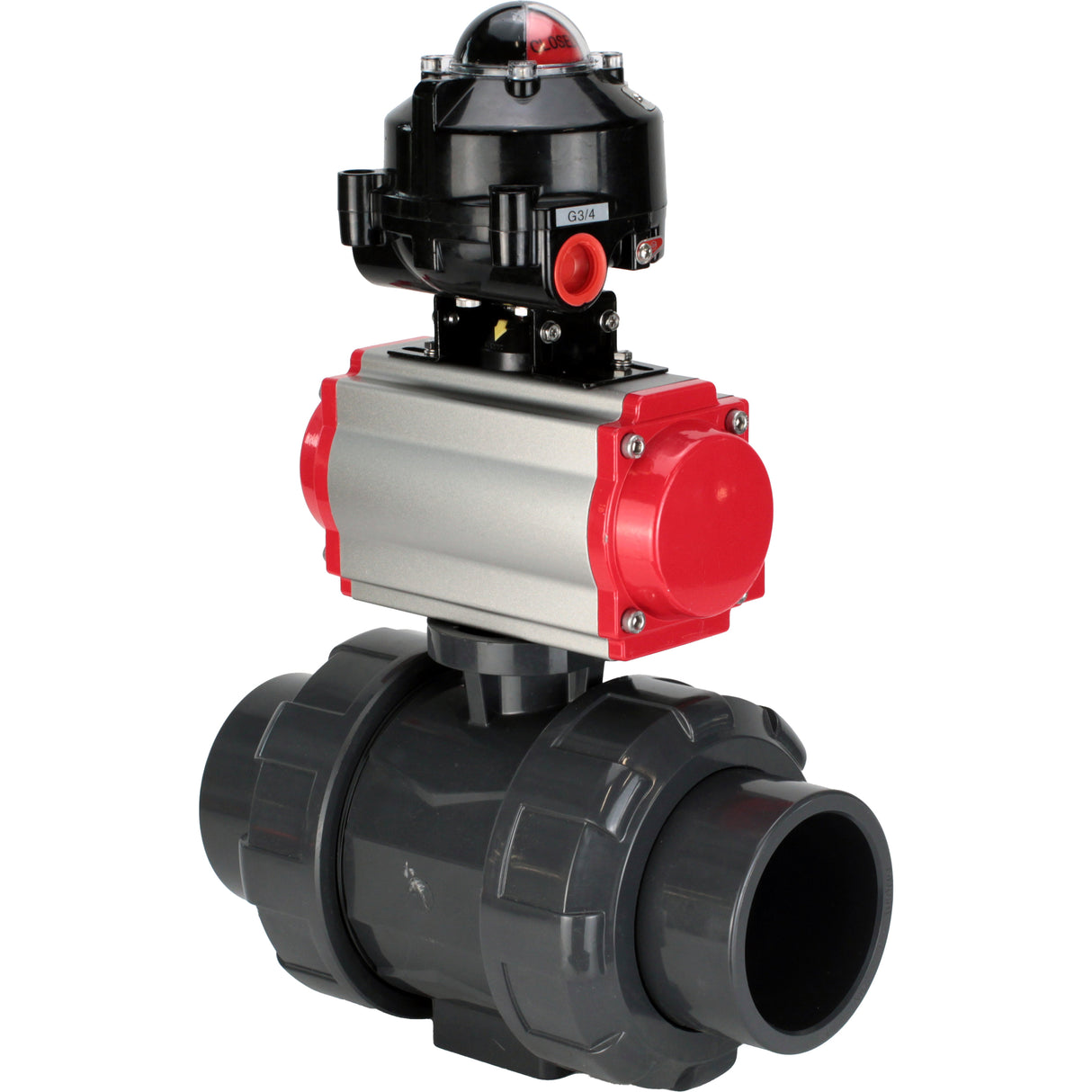 Ball valves Elephant BV4242E-FP-GRM-ISO, body material - UPVC, ball material - UPVC, seal - EPDM, with pneumatic actuator double action PA-DA and LSU APL-510N EX