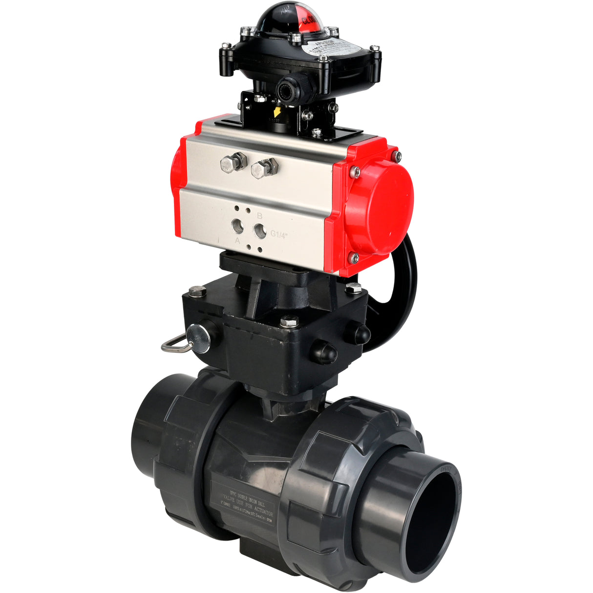 Ball valves Elephant BV4242E-FP-GRM-ISO, body material - UPVC, ball material - UPVC, seal - EPDM, with pneumatic actuator double action PA-DA, LSU APL-210N and handwheel MON