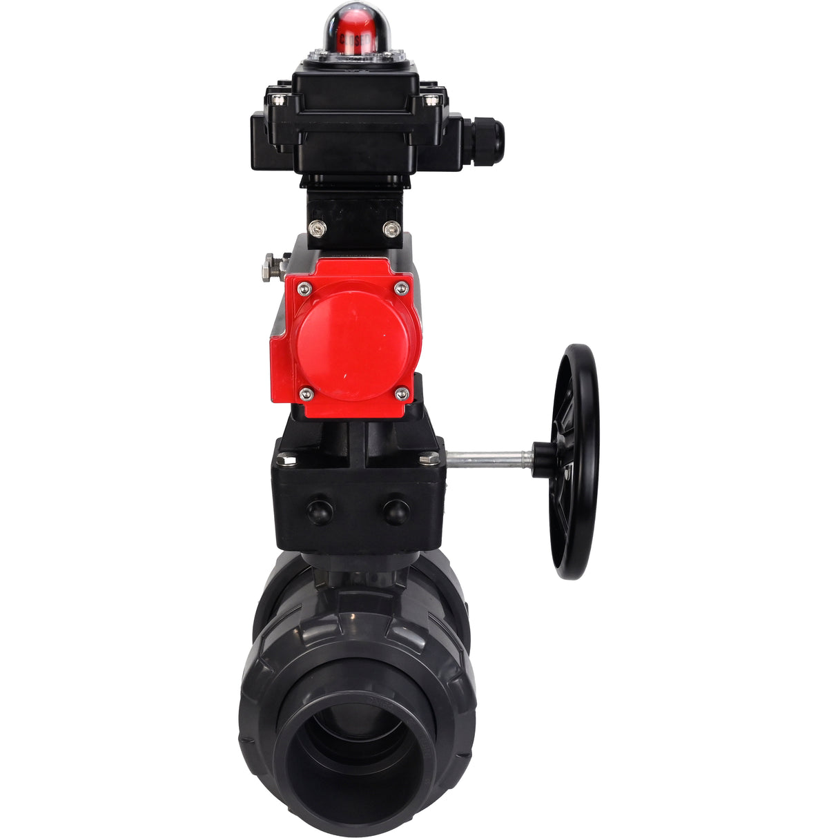 Ball valves Elephant BV4242E-FP-GRM-ISO, body material - UPVC, ball material - UPVC, seal - EPDM, with pneumatic actuator double action PA-DA, LSU APL-410N EX and handwheel MON