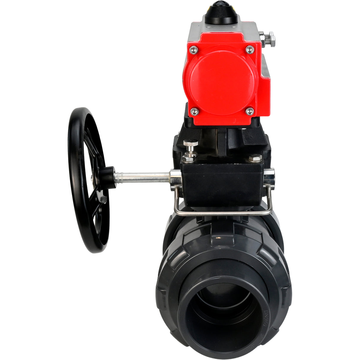 Ball valves Elephant BV4242E-FP-GRM-ISO, body material - UPVC, ball material - UPVC, seal - EPDM, with pneumatic actuator double action PA-DA and handwheel MON