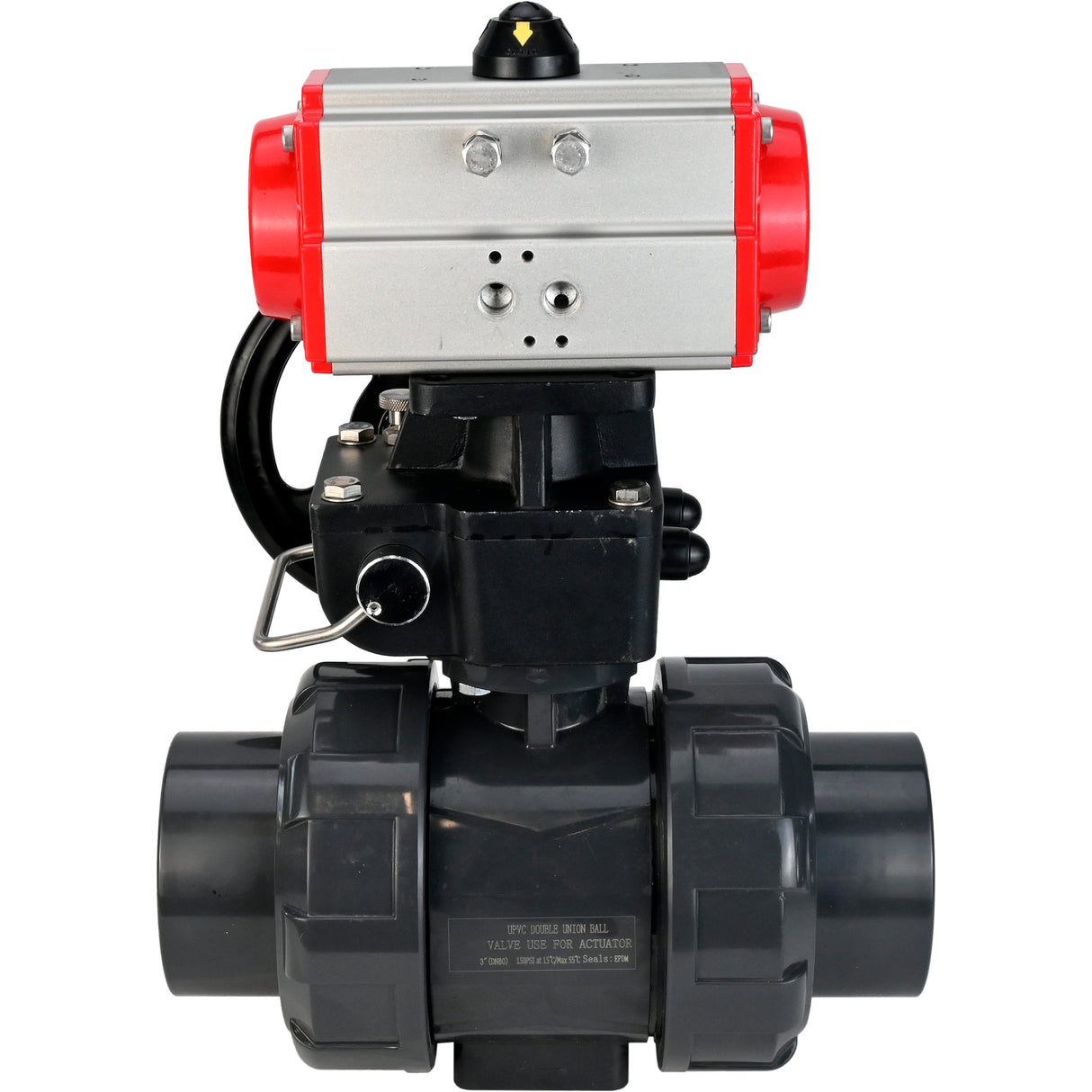 Ball valves Elephant BV4242E-FP-GRM-ISO, body material - UPVC, ball material - UPVC, seal - EPDM, with pneumatic actuator double action PA-DA and handwheel MON