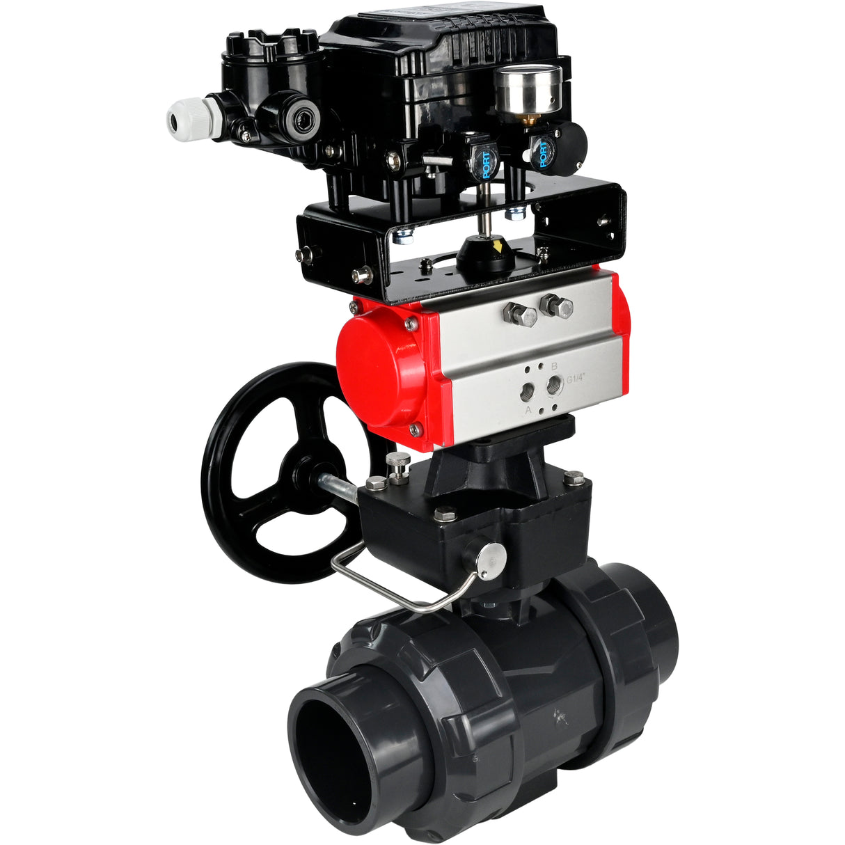 Ball valves Elephant BV4242E-FP-GRM-ISO, body material - UPVC, ball material - UPVC, seal - EPDM, with pneumatic actuator double action PA-DA, electro-pneumatic rotary positioner YT-1000RSN without feedback and handwheel MON