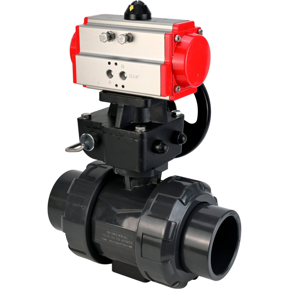 Ball valves Elephant BV4242E-FP-GRM-ISO, body material - UPVC, ball material - UPVC, seal - EPDM, with pneumatic actuator double action PA-DA and handwheel MON