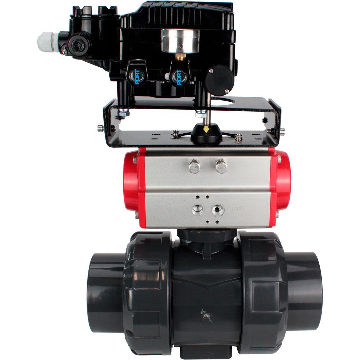 Ball valves Elephant BV4242E-FP-GRM-ISO, body material - UPVC, ball material - UPVC, seal - EPDM, with pneumatic actuator double action PA-DA and electro-pneumatic rotary positioner YT-1000RSN without feedback