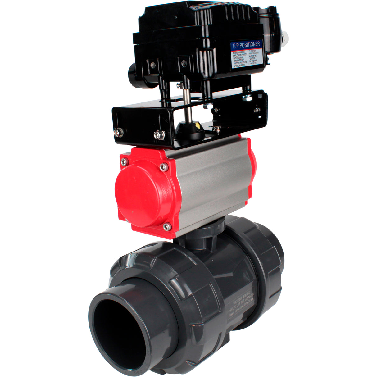 Ball valves Elephant BV4242E-FP-GRM-ISO, body material - UPVC, ball material - UPVC, seal - EPDM, with pneumatic actuator double action PA-DA and electro-pneumatic rotary positioner YT-1000RSN without feedback