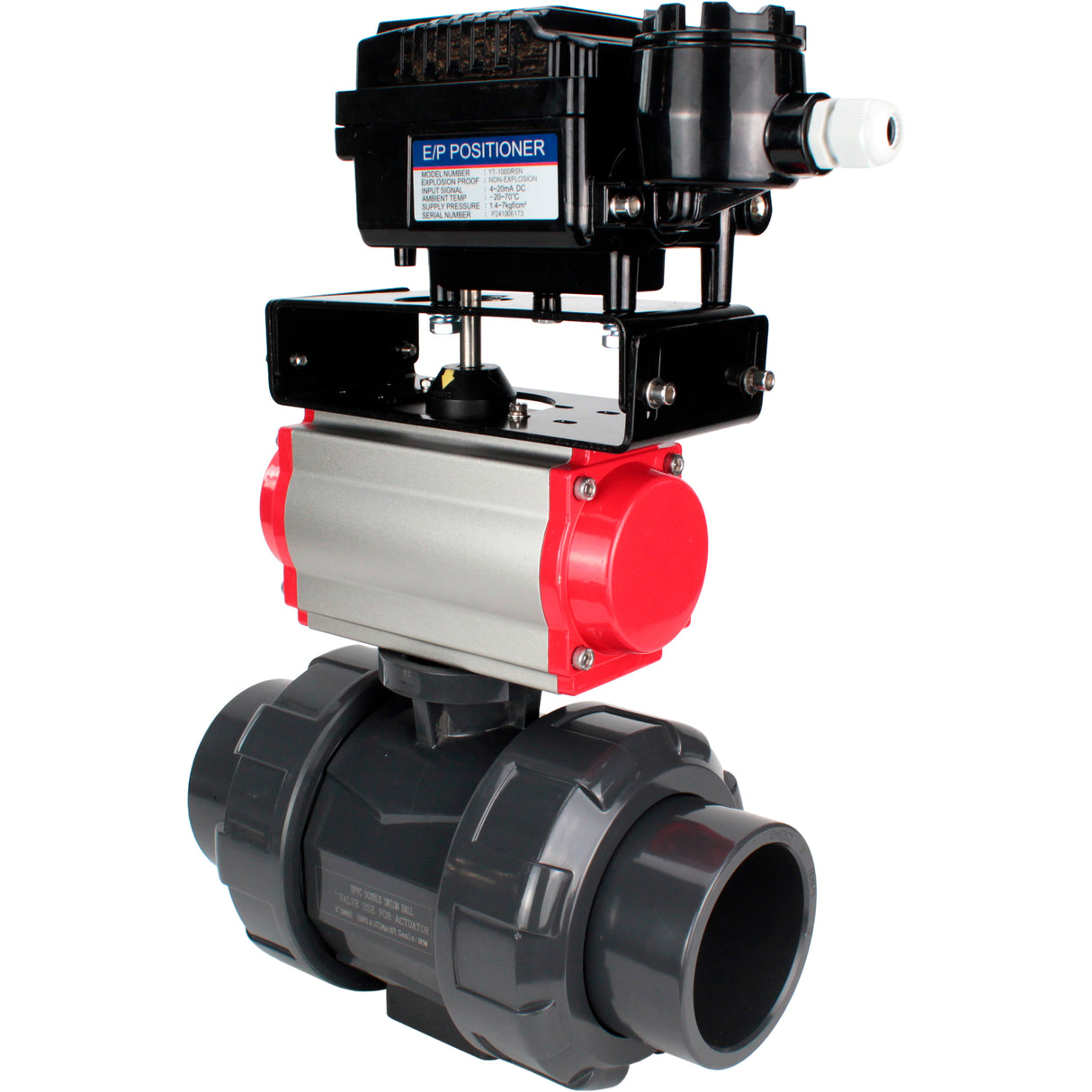 Ball valves Elephant BV4242E-FP-GRM-ISO, body material - UPVC, ball material - UPVC, seal - EPDM, with pneumatic actuator double action PA-DA and electro-pneumatic rotary positioner YT-1000RSN without feedback