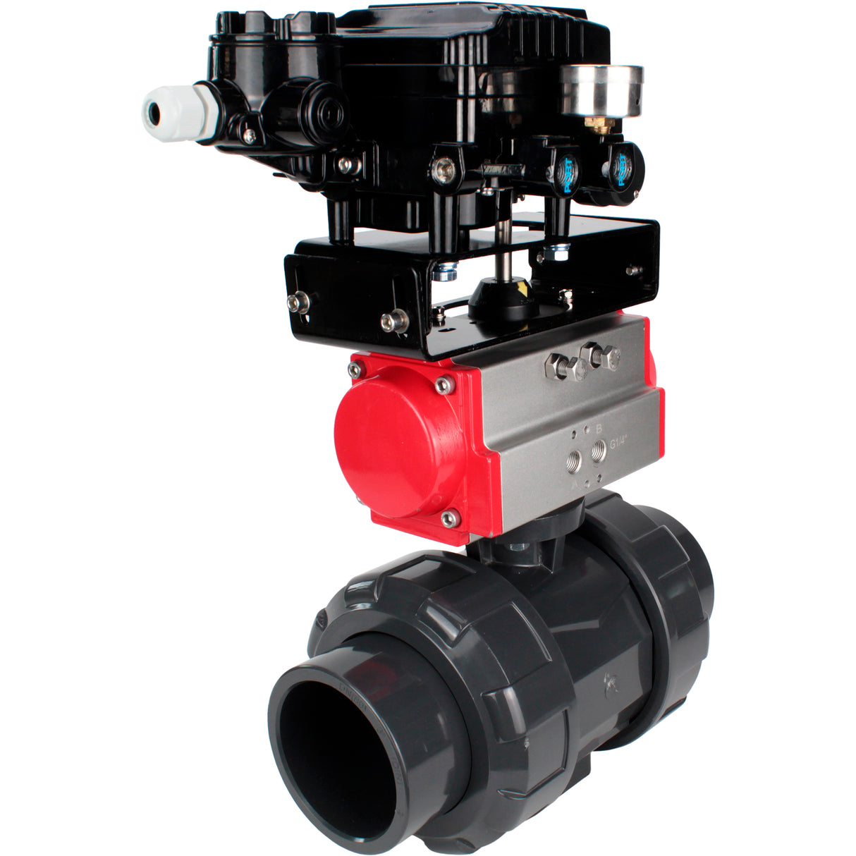Ball valves Elephant BV4242E-FP-GRM-ISO, body material - UPVC, ball material - UPVC, seal - EPDM, with pneumatic actuator double action PA-DA and electro-pneumatic rotary positioner YT-1000RSN with feedback