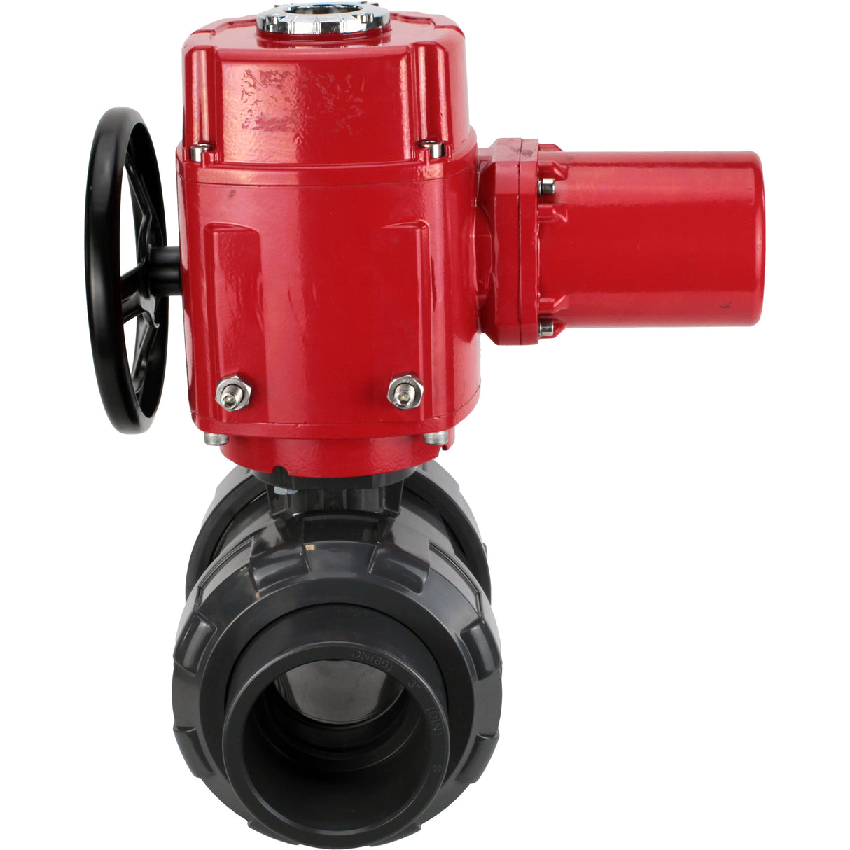 Ball valves Elephant BV4242E-FP-GRM-ISO, body material - UPVC, ball material - UPVC, seal - EPDM, with explosion-proof quarter-turn actuator QT-EX-M-O2-380VAC-U1, torque clutch and handwheel
