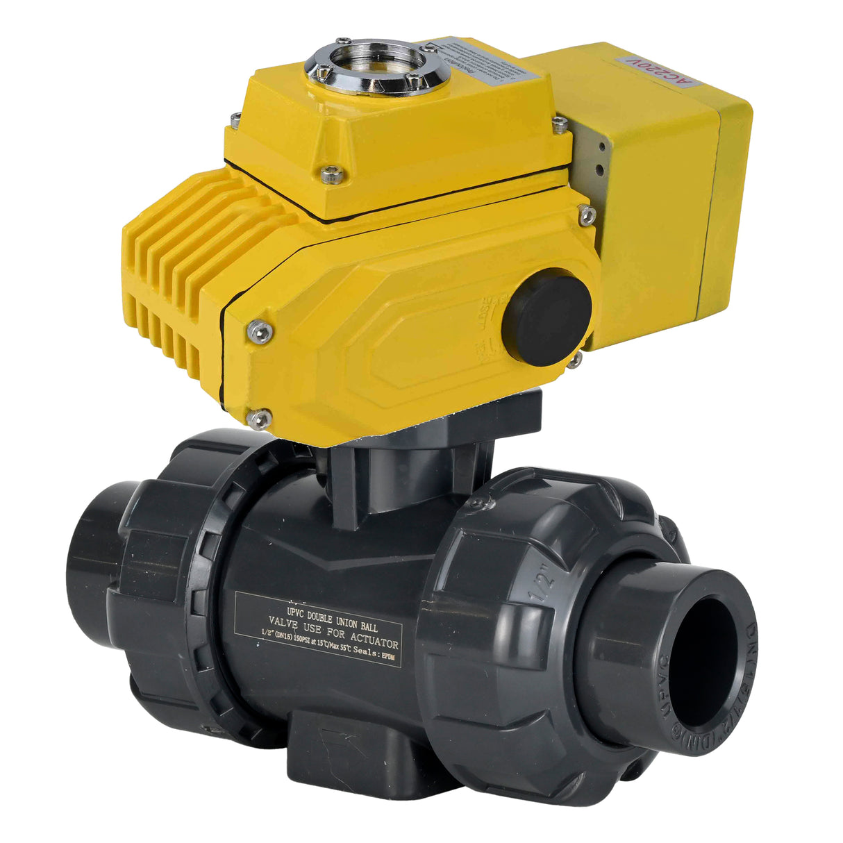 Ball valves Elephant BV4242E-FP-GRM-ISO, body material - UPVC, ball material - UPVC, seal - EPDM, with quarter-turn actuator QT-N-EM-B1-220VAC-U1, feedback sensor and 0-10V input control signal