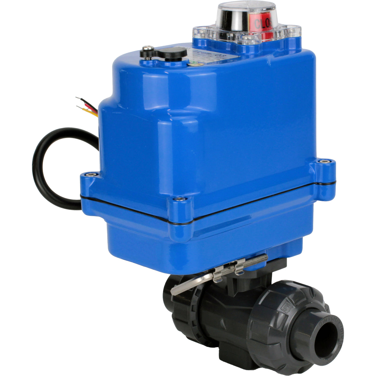 Ball valves Elephant BV4242E-FP-GRM-ISO, body material - UPVC, ball material - UPVC, seal - EPDM, with quarter-turn actuator QT-N-003EM-O1-220VAC-U1 blue