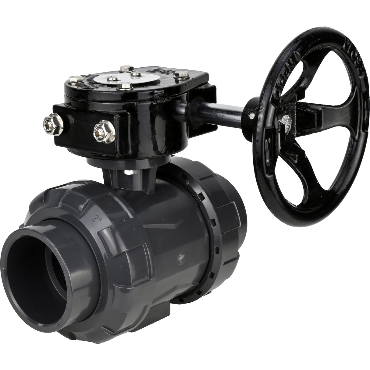 Ball valves Elephant BV4242E-FP-GRM-ISO, body material - UPVC, ball material - UPVC, seal - EPDM, with gearbox RDN RQN-Z