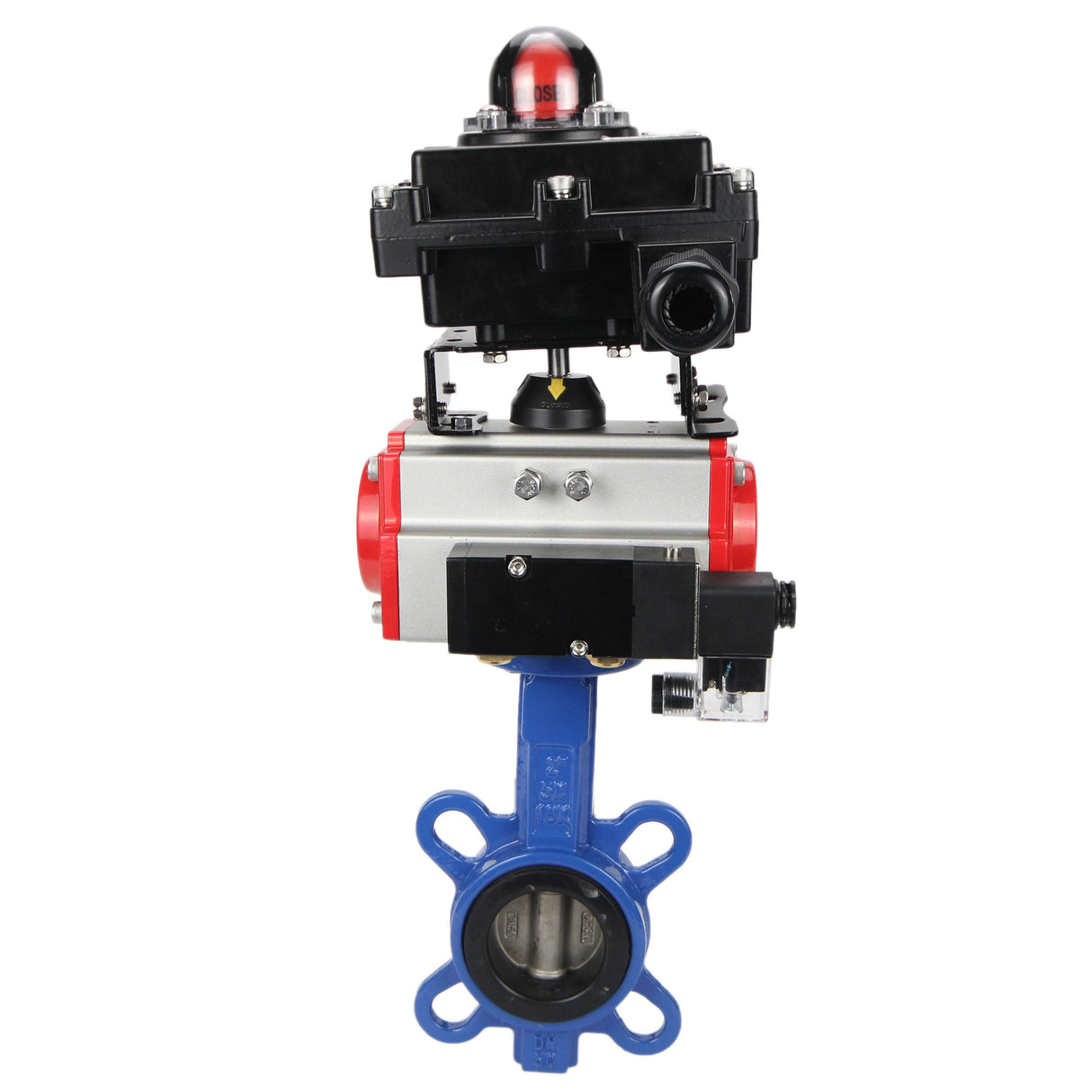 Vanne papillon d'eau Elephant GGG50-GGG40-EPDM matériau du corps - fonte GGG50, matériau du disque - fonte GGG40, joint - EPDM avec actionneur pneumatique Elephant DA, distributeur pneumatique 4M310-08 24V et bloc de fin de course APL-410N EX