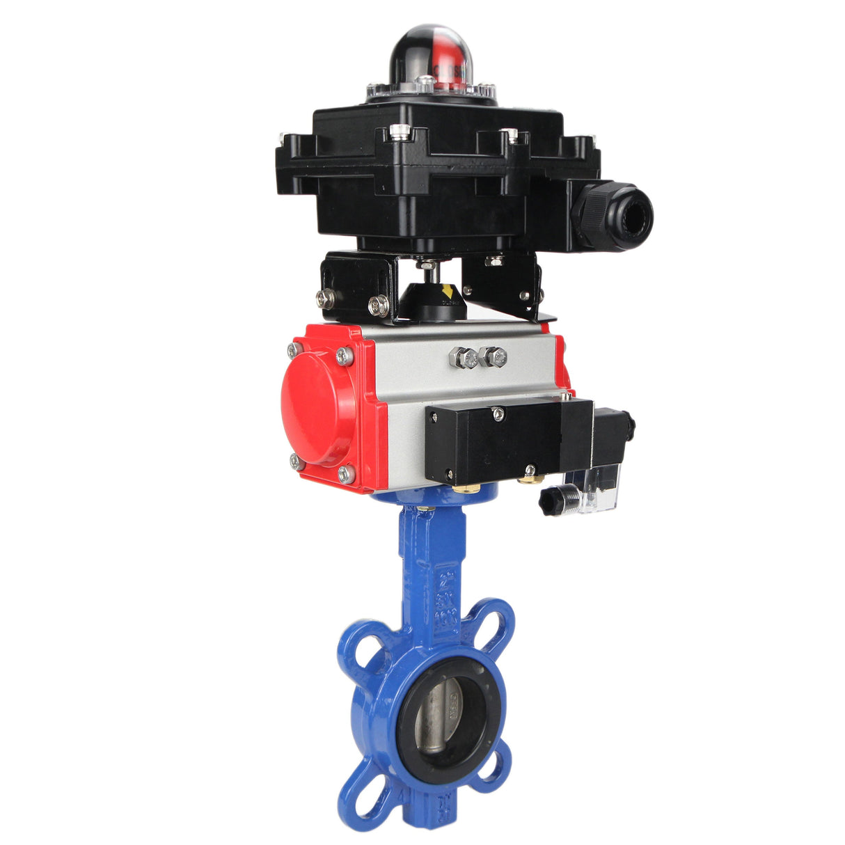 Vanne papillon d'eau Elephant GGG50-GGG40-EPDM matériau du corps - fonte GGG50, matériau du disque - fonte GGG40, joint - EPDM avec actionneur pneumatique Elephant DA, distributeur pneumatique 4M310-08 220V et bloc de fin de course APL-410N EX