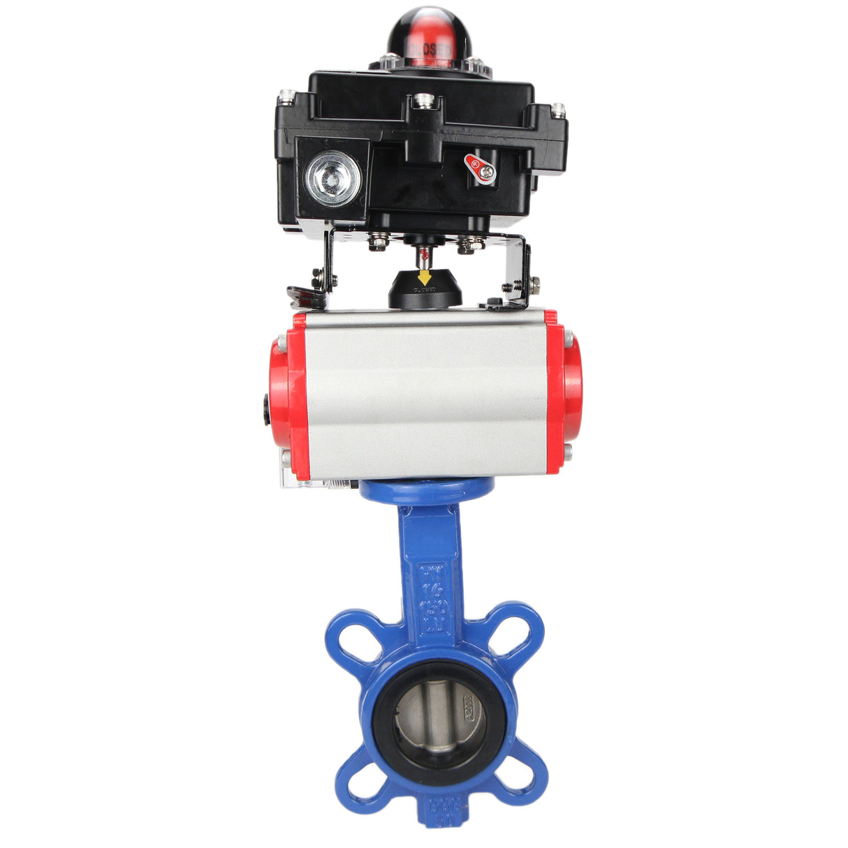 Vanne papillon d'eau Elephant GGG50-GGG40-EPDM matériau du corps - fonte GGG50, matériau du disque - fonte GGG40, joint - EPDM avec actionneur pneumatique Elephant DA, distributeur pneumatique 4M310-08 220V et bloc de fin de course APL-410N EX