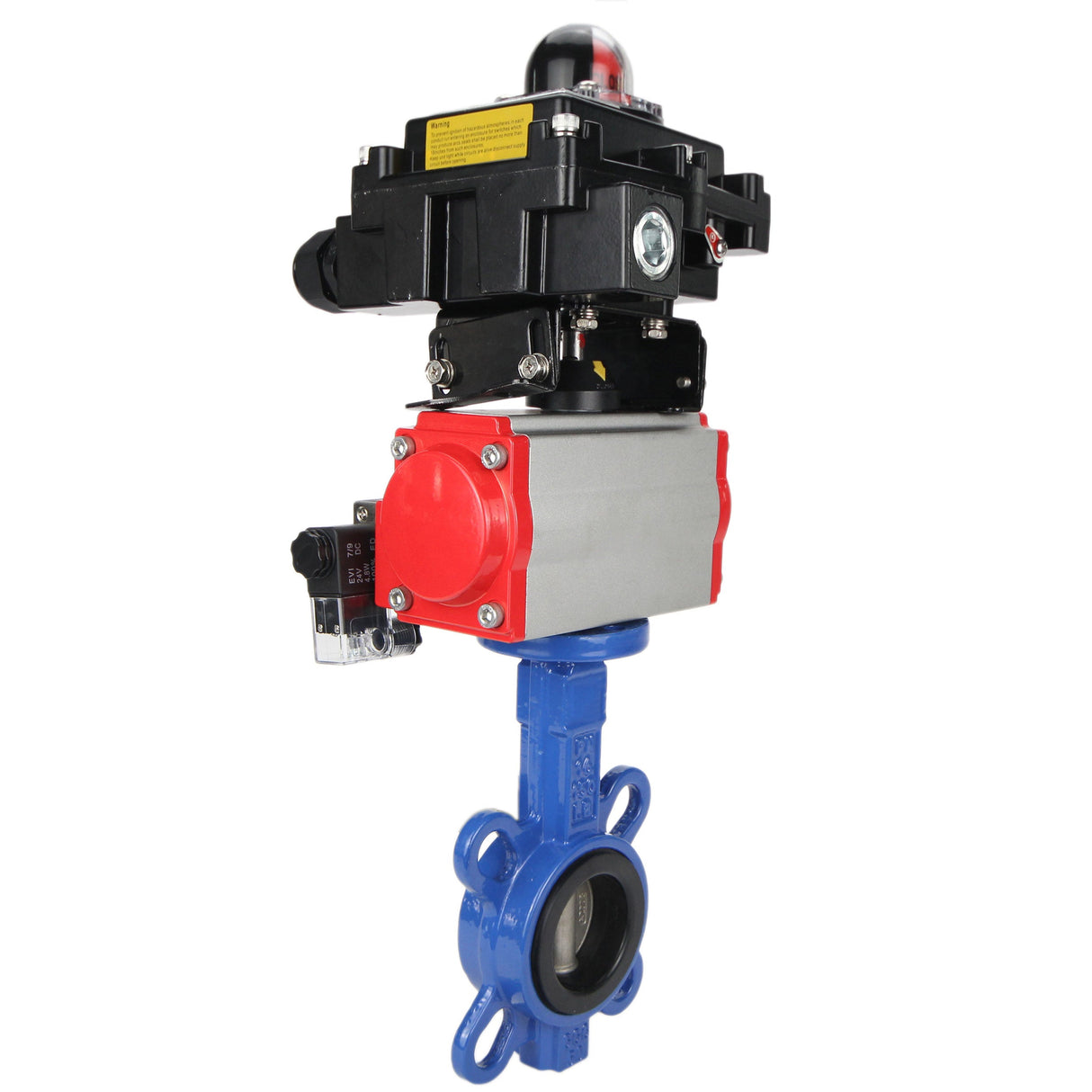 Vanne papillon d'eau Elephant GGG50-GGG40-EPDM matériau du corps - fonte GGG50, matériau du disque - fonte GGG40, joint - EPDM avec actionneur pneumatique Elephant DA, distributeur pneumatique 4M310-08 24V et bloc de fin de course APL-410N EX