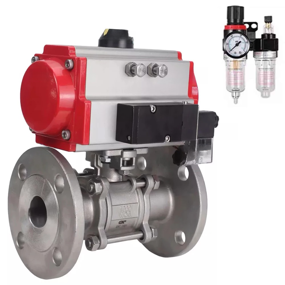 Ball valves Elephant BV3232P(3pc)-FP-F-ISO-H DN65-100 25/40 bar flanged with ISO flange, body - 316 stainless steel, full bore, seal - PTFE, with PA-SA pneumatic actuator, pneumatic distributor 4M310-08 24V, ATU AFC2000