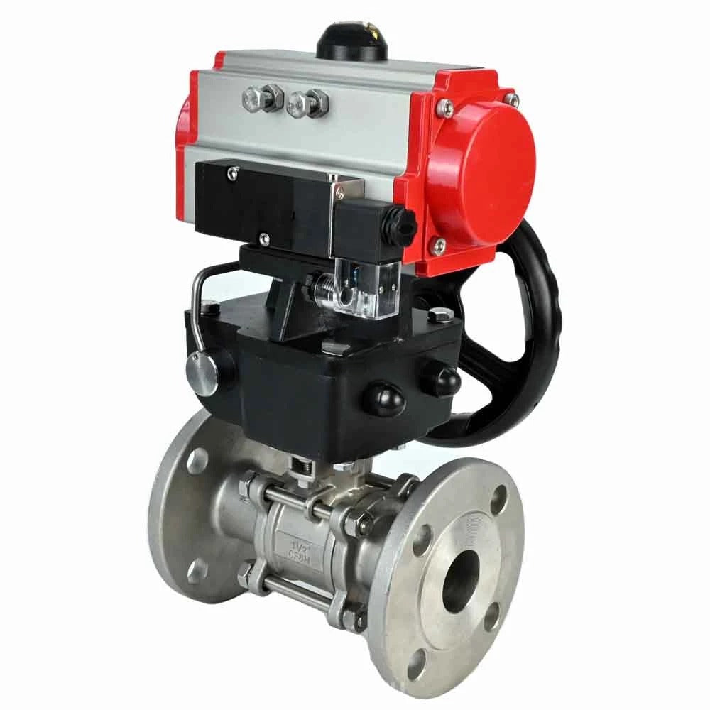 Ball valves Elephant BV3232P(3pc)-FP-F-ISO-H DN65-100 25/40 bar flanged with ISO flange, body - 316 stainless steel, full bore, seal - PTFE, with pneumatic drive PA-DA pneumatic distributor 4M310-08 24V, manual backup MON3-700-T38-ISO