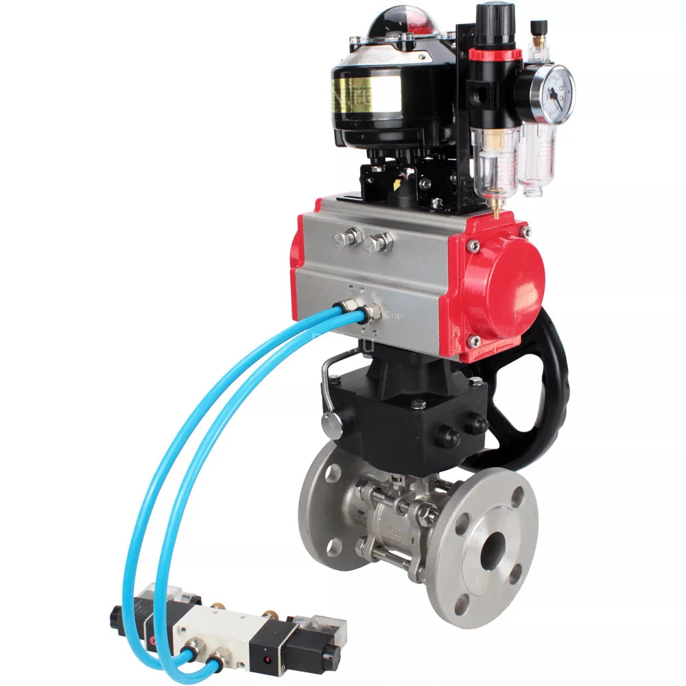 Ball valves Elephant BV3232P(3pc)-FP-F-ISO-H DN65-100 25/40 bar flanged, 316 stainless steel, full bore, seal - PTFE, with pneumatic drive PA-DA pneumatic distributor 4V320-10 220V, LSU APL-510N Ex, manual backup MON3-700-T38-ISO, ATU AFC2000