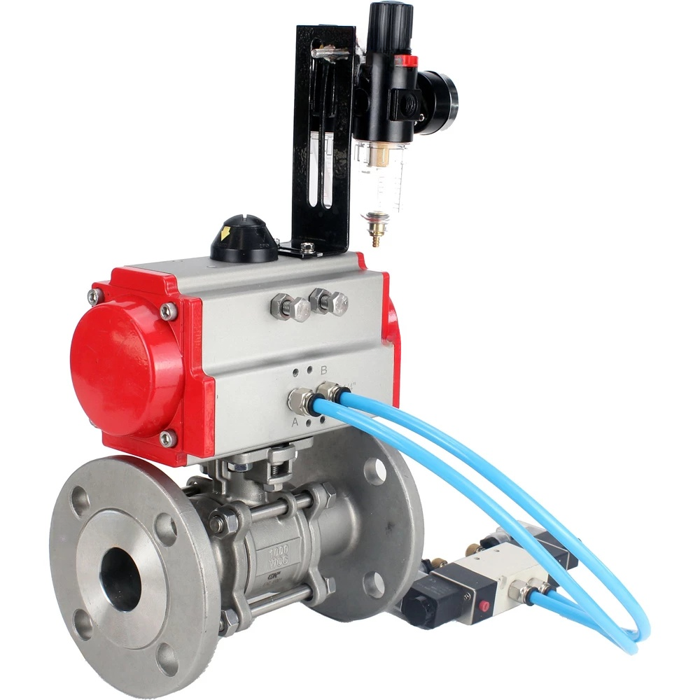 Ball valves Elephant BV3232P(3pc)-FP-F-ISO-H DN65-100 25/40 bar flanged with ISO flange, body - 316 stainless steel, full bore, seal - PTFE, with PA-SA pneumatic actuator, pneumatic distributor 4V320-10 220V, ATU AFC2000