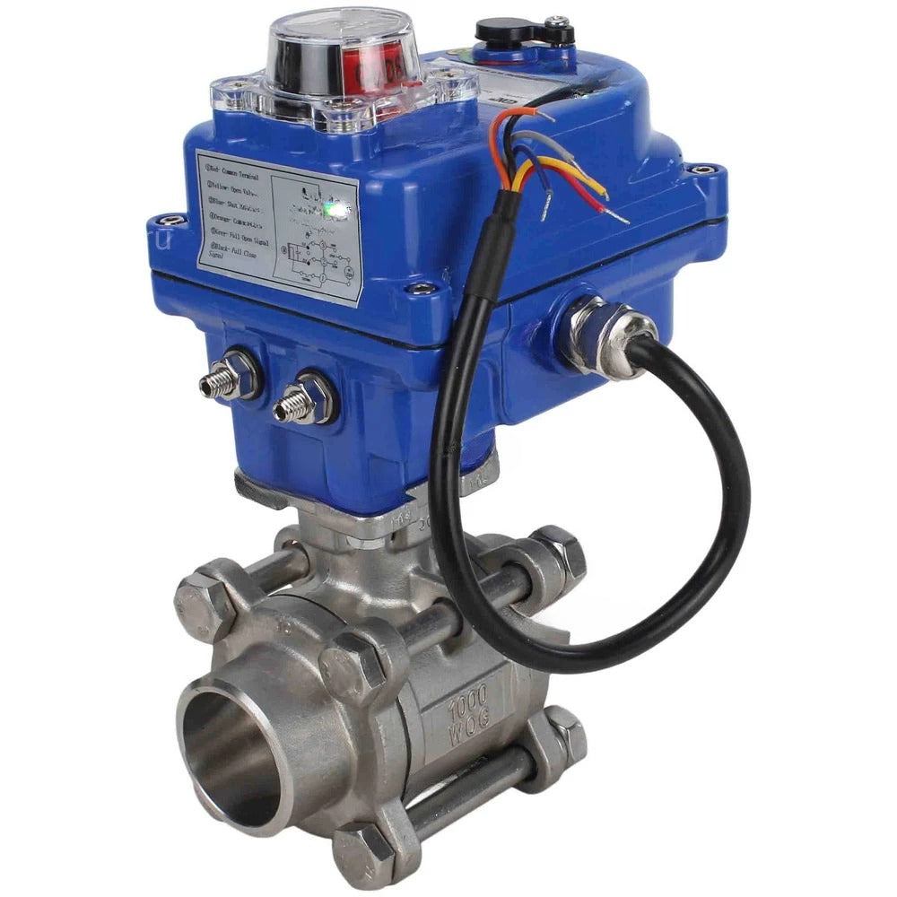 Ball valves Elephant BV3232P(3pc)-FP-W-ISO-H WDVF DN15-32 63 bar full bore, body - 316 stainless steel, seal - PTFE, for welding, with a 1/4-turn electric drive Elephant QT-N-EM-O1-220VAC-U1 blue